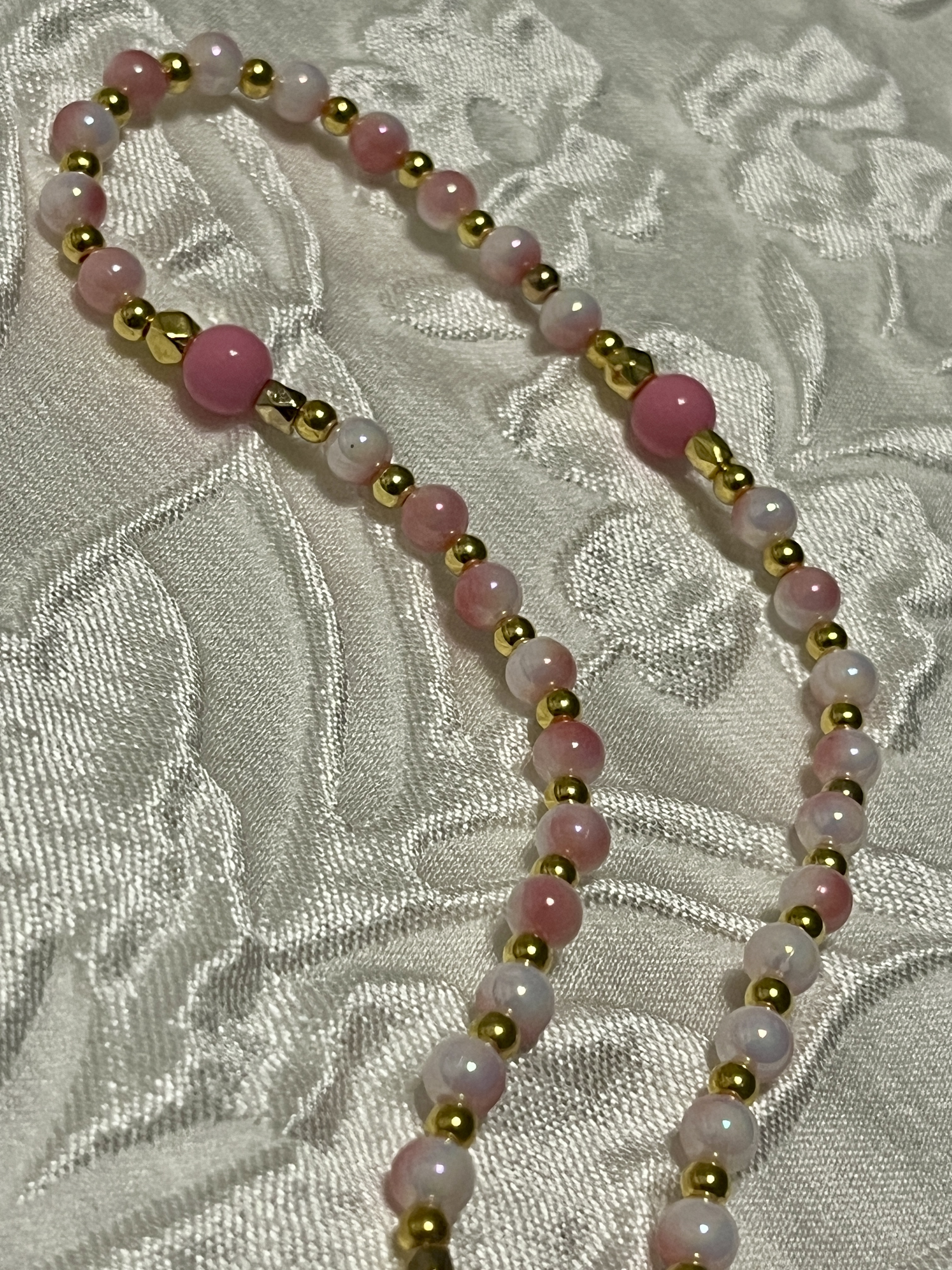 Pink Beaded Heart Pendant Rosario Necklace
