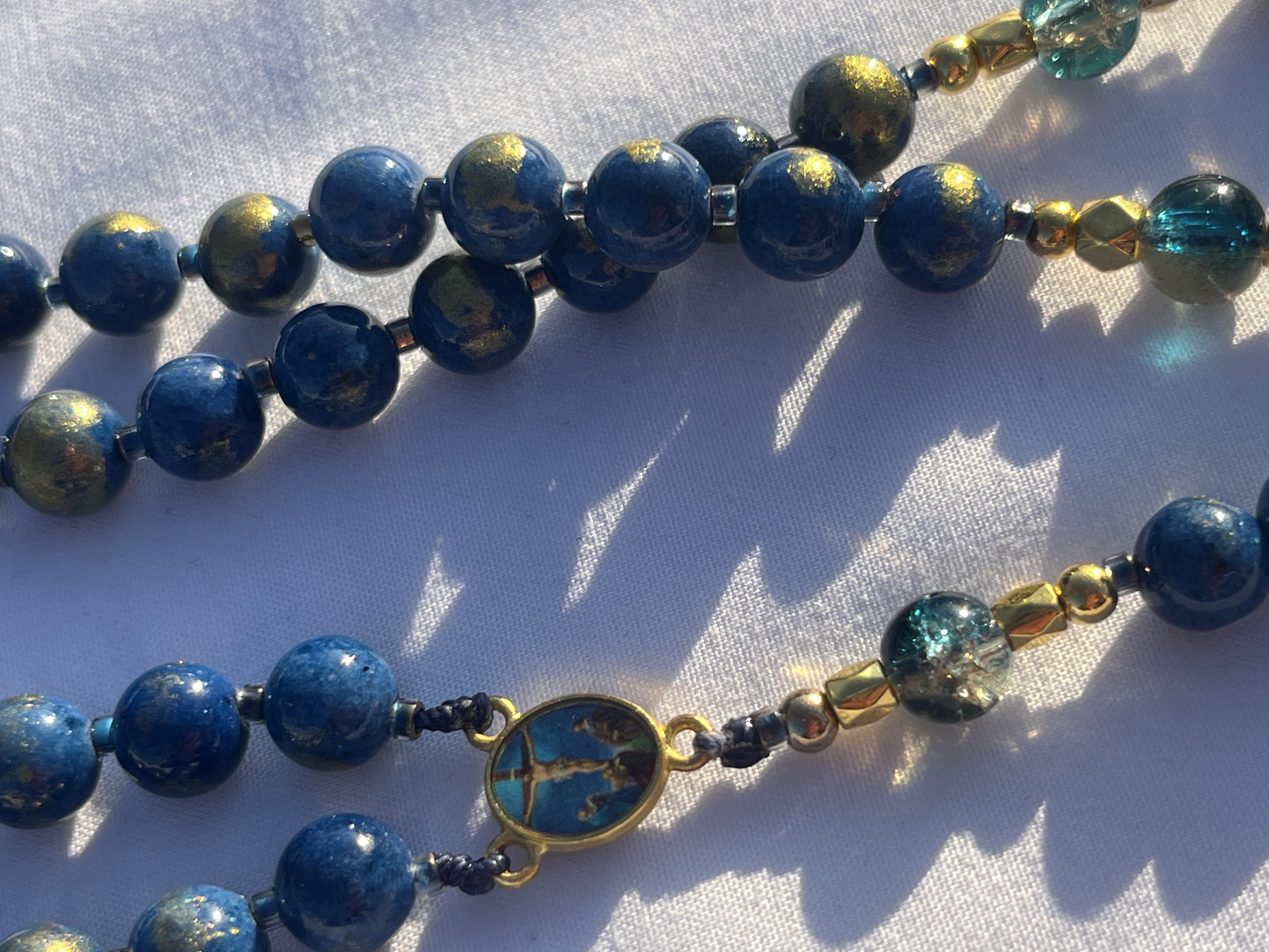 Blue Beaded Rosary Necklace