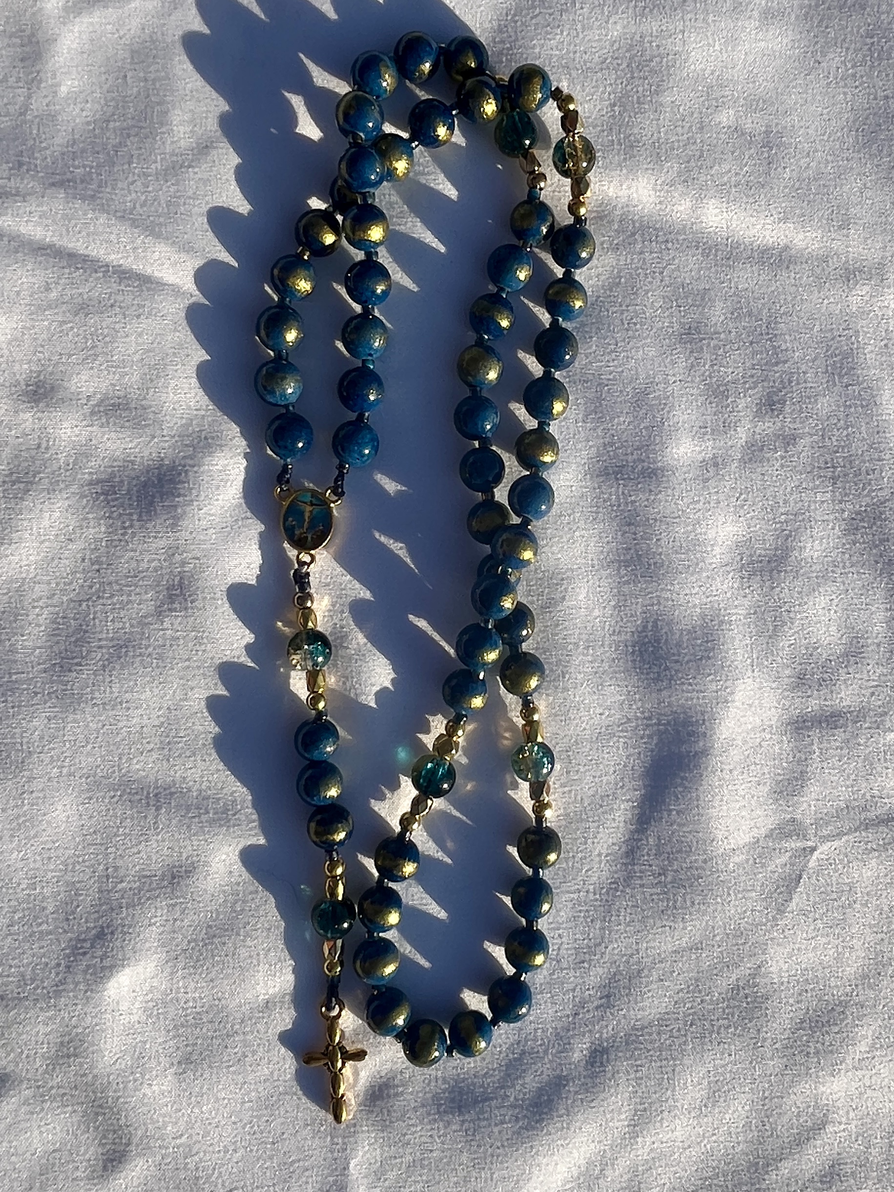 Blue Beaded Rosary Necklace