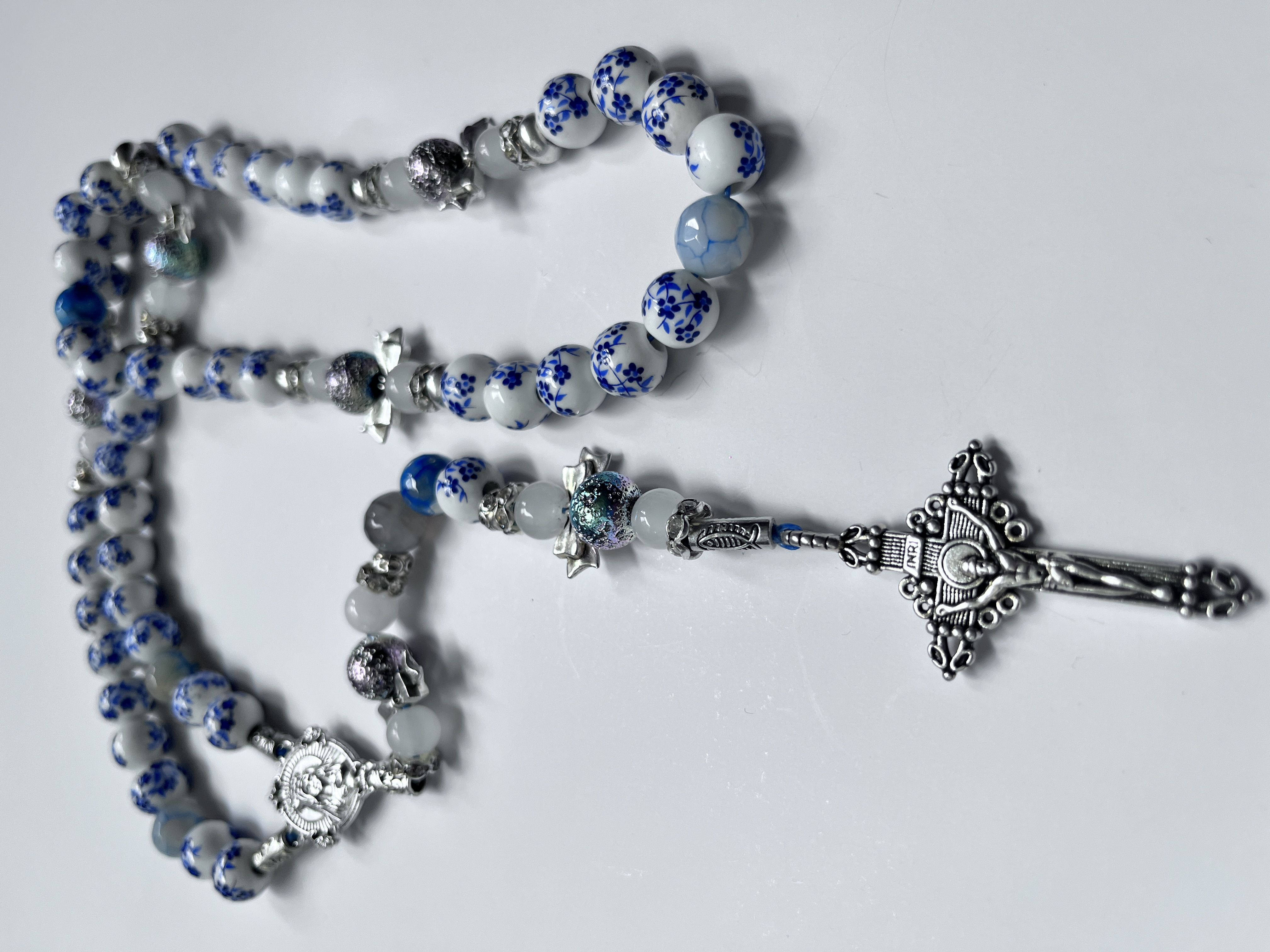 Blue Floral Bead Rosary