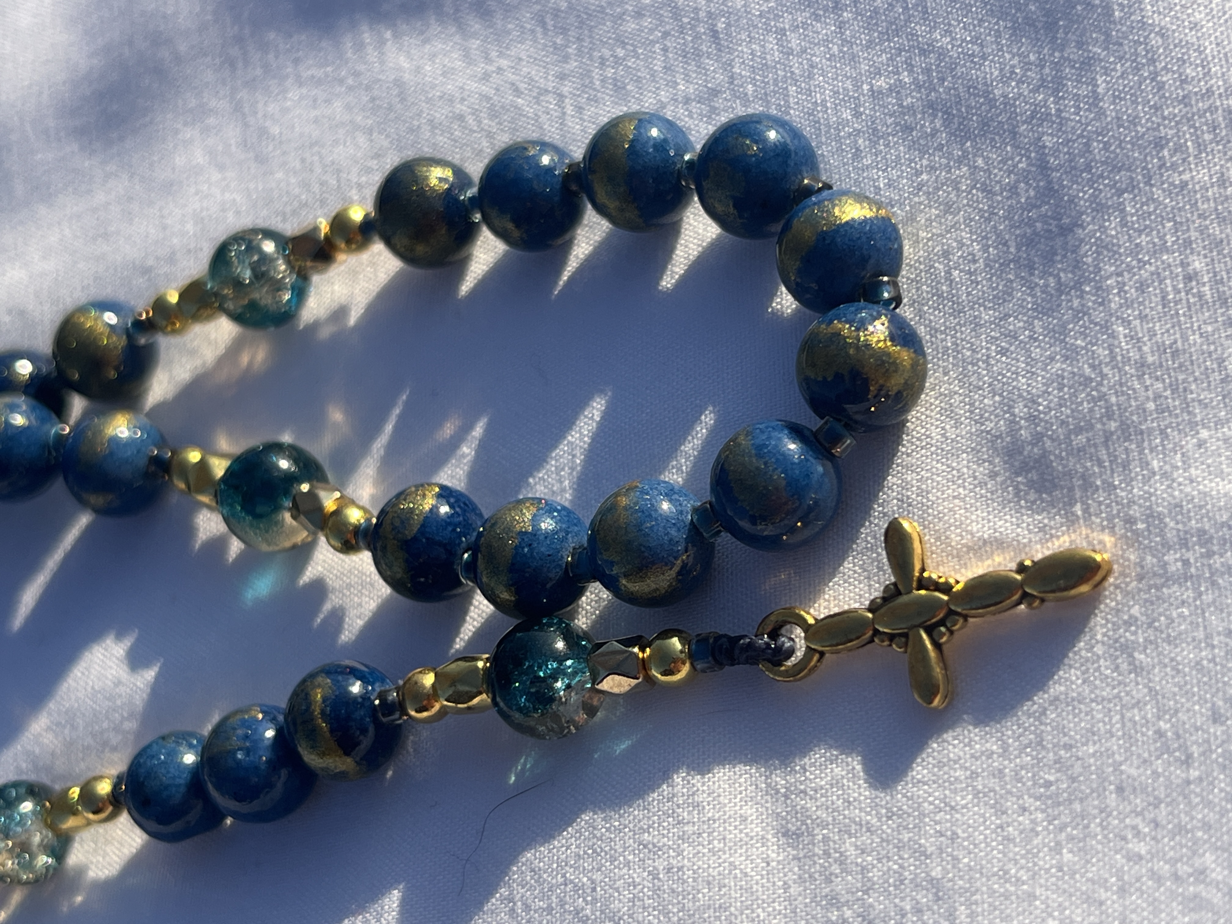 Blue Beaded Rosary Necklace