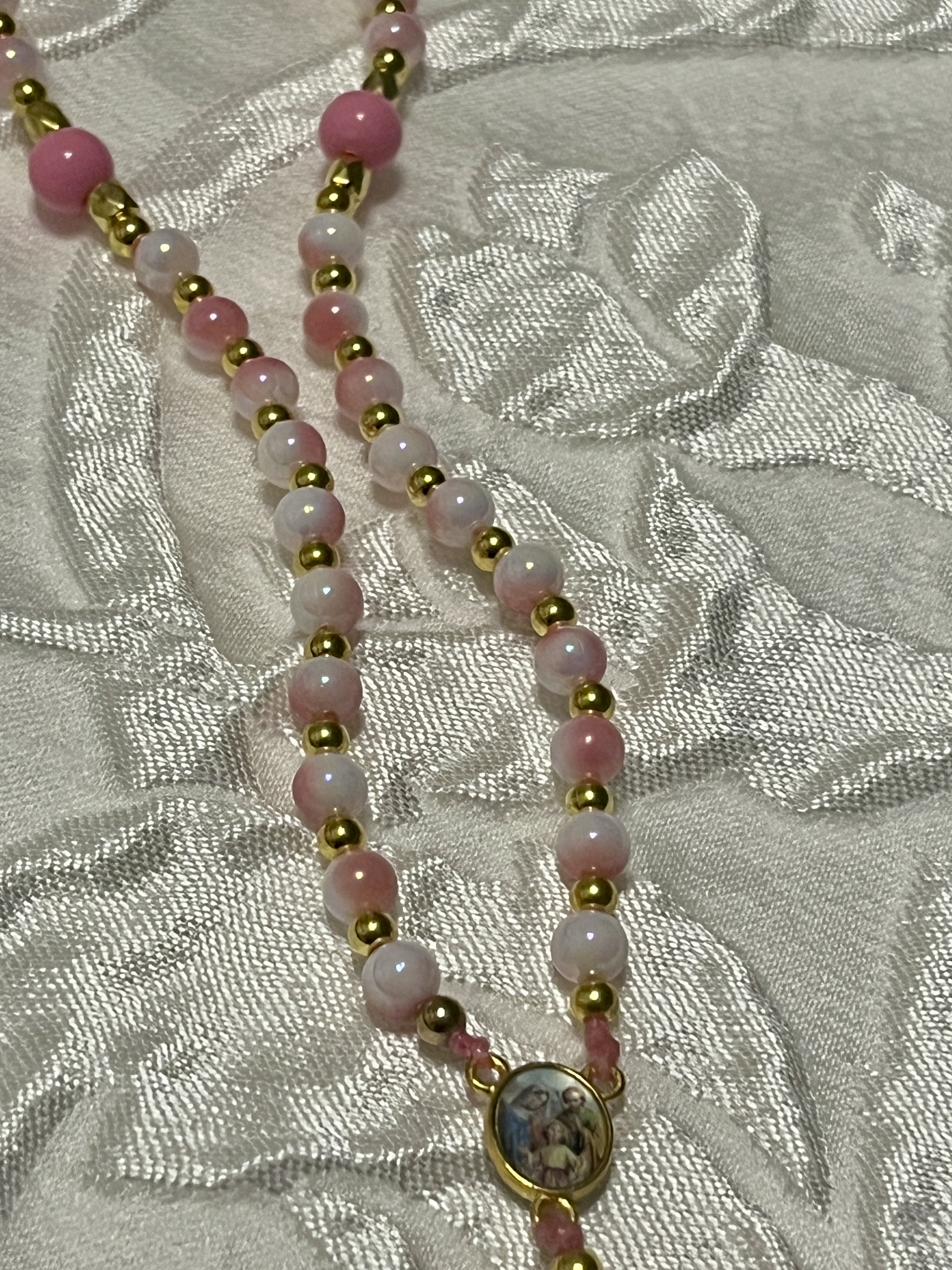 Pink Beaded Rosary Necklace