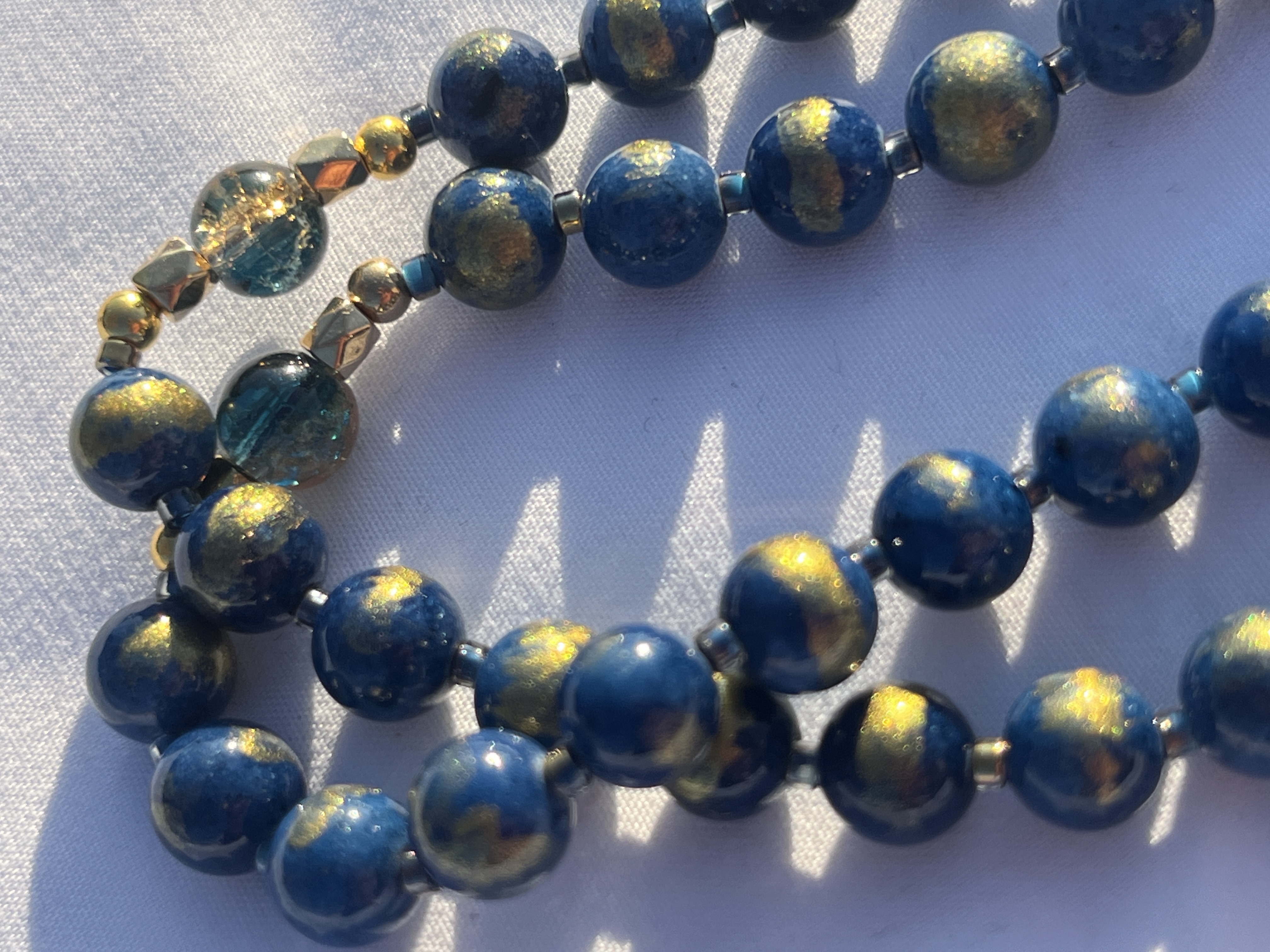 Blue Beaded Rosary Necklace