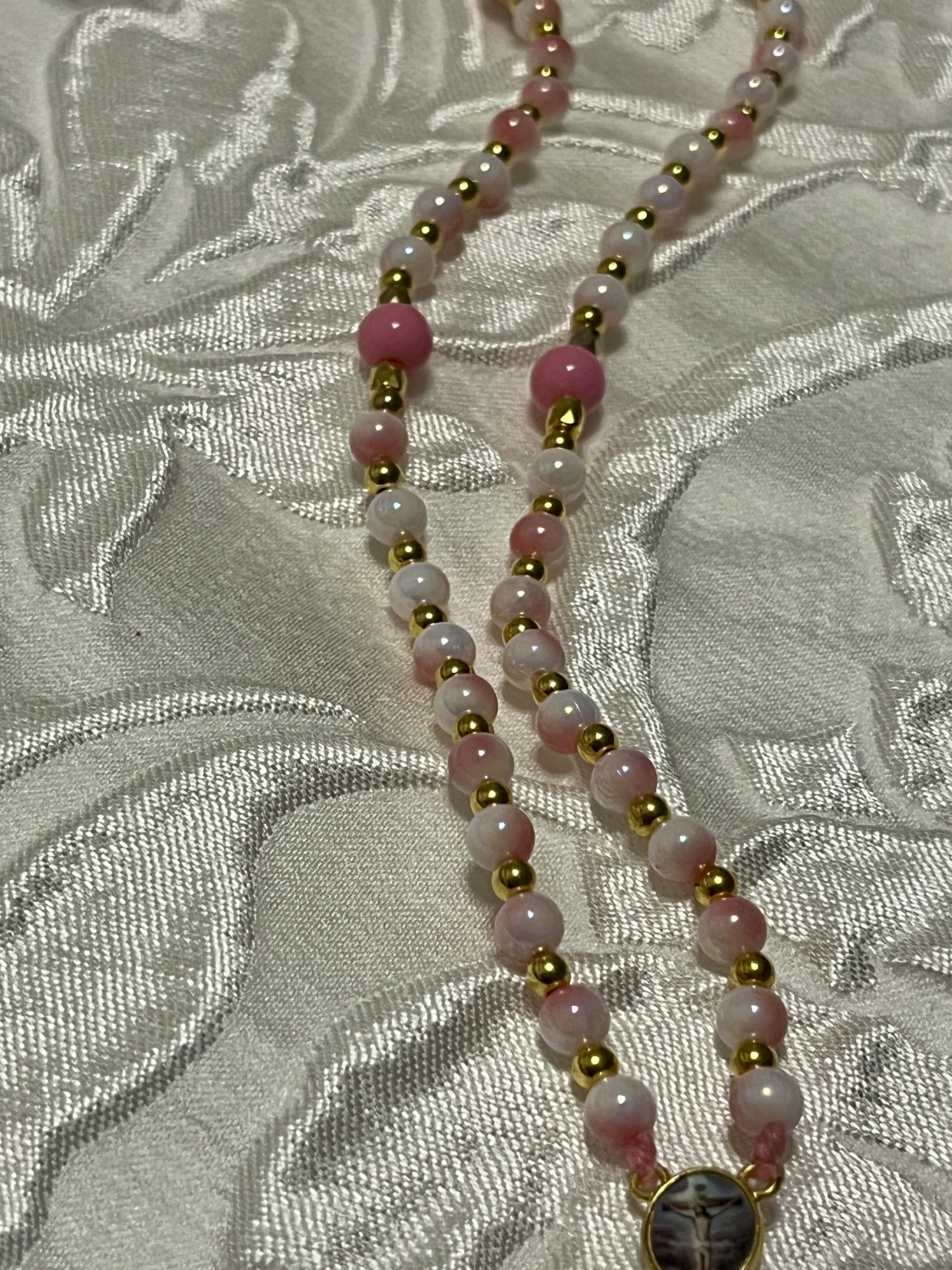 Pink Beaded Heart Pendant Rosario Necklace