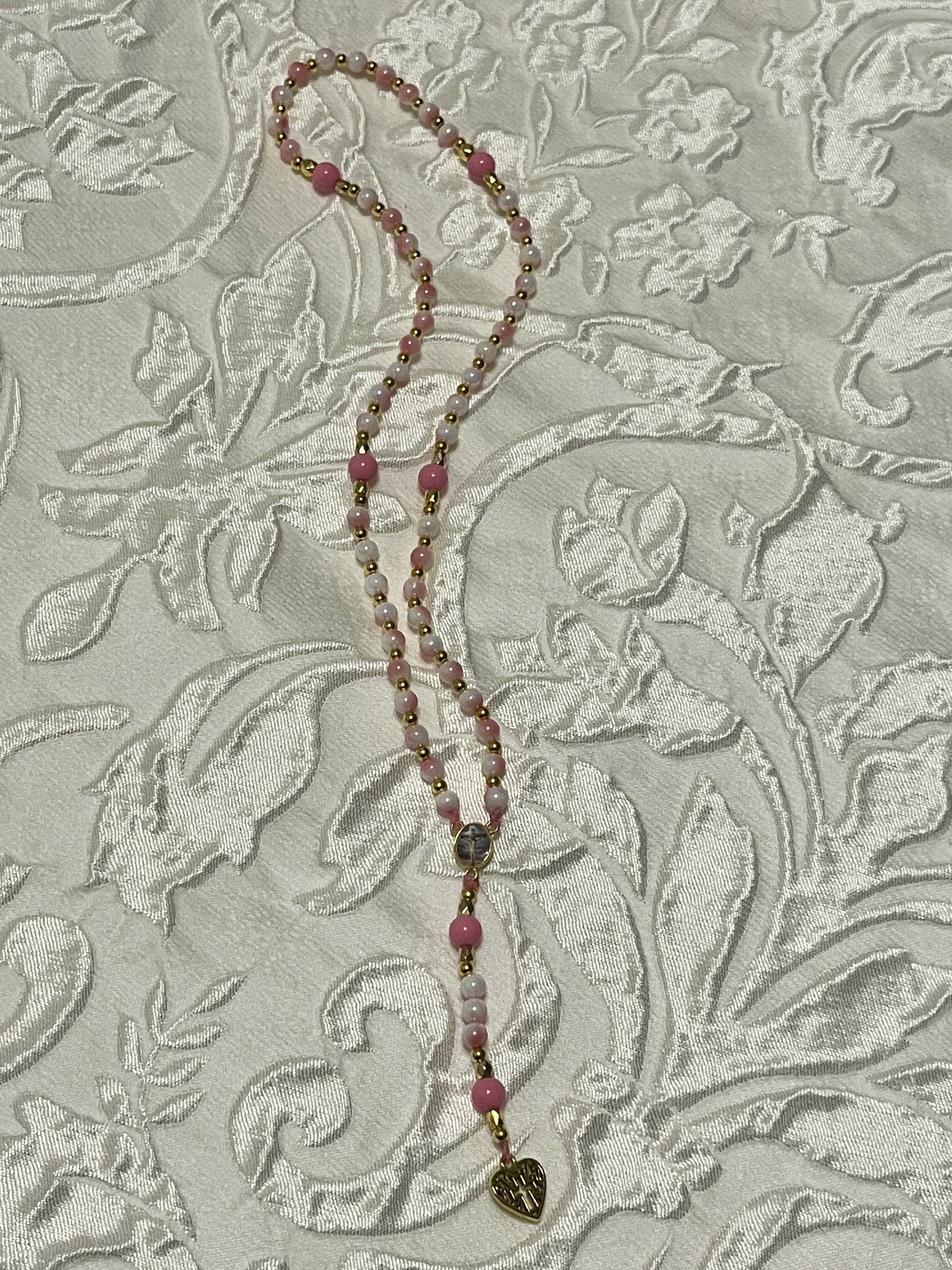 Pink Beaded Heart Pendant Rosario Necklace