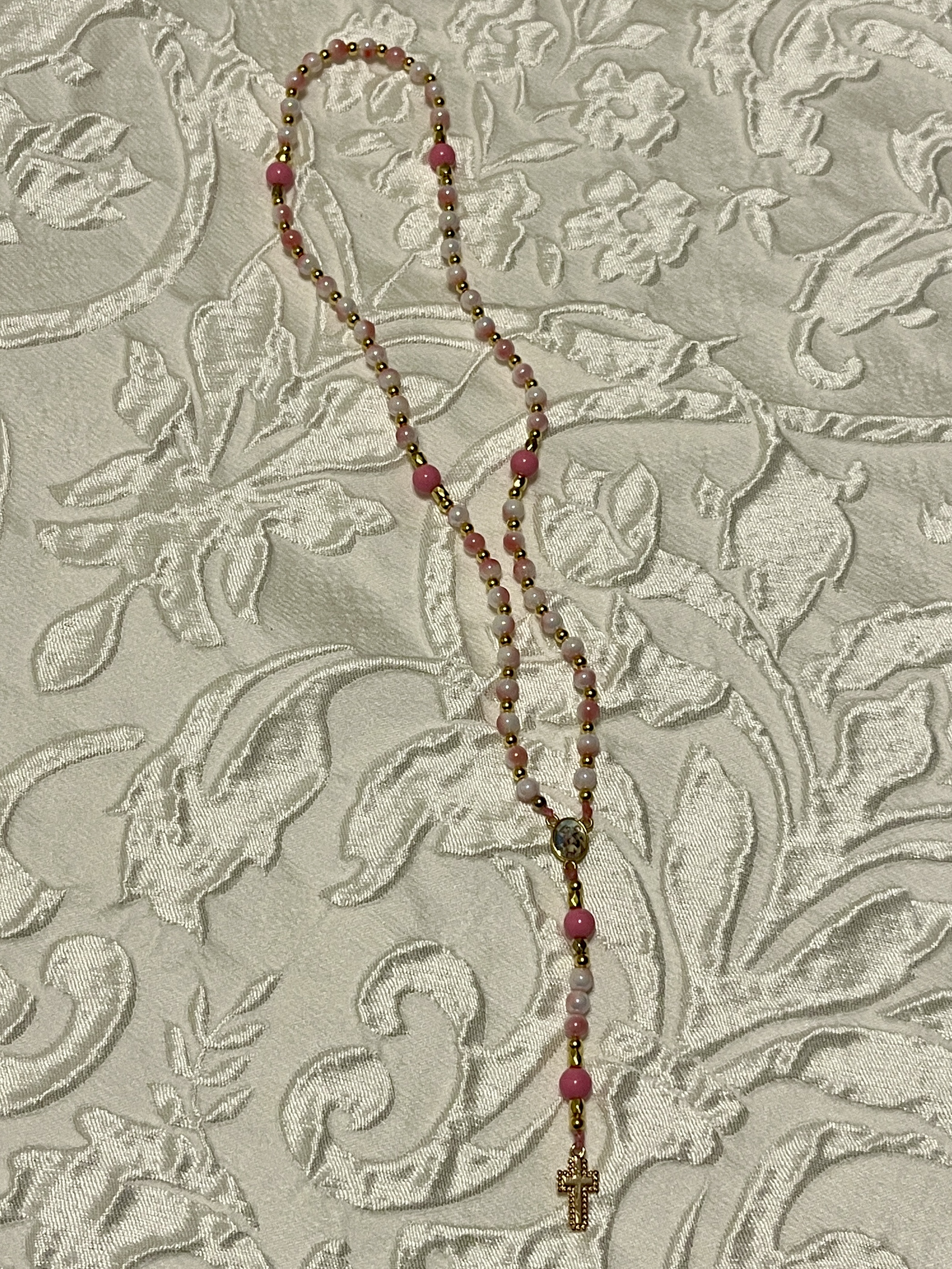Pink Beaded Rosary Necklace