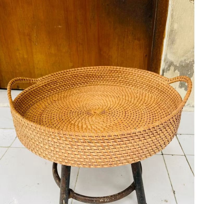 Round Rattan Serving Tray with Holder