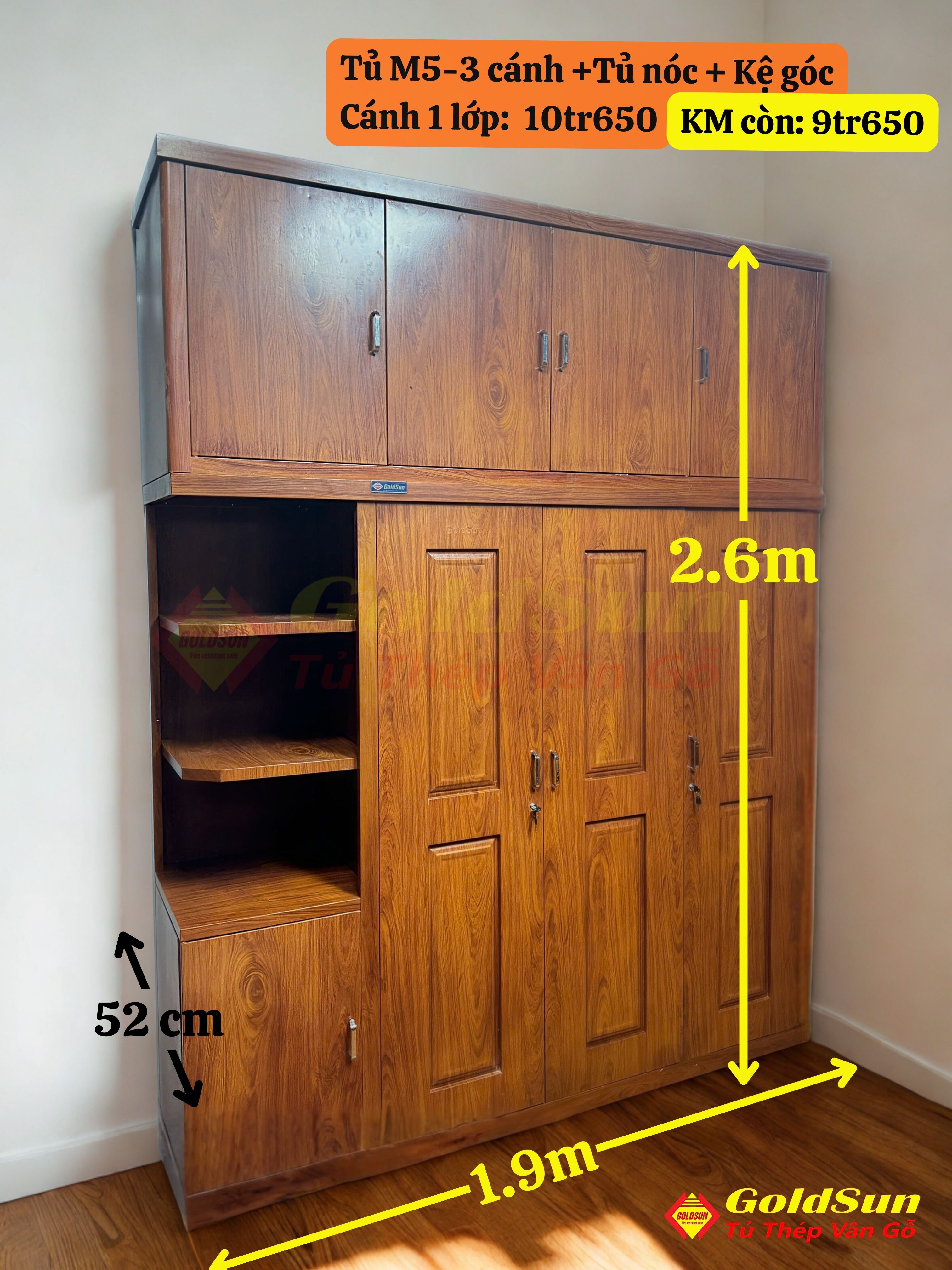 Combo Tủ 3 cánh huỳnh liền kệ góc trái+ tủ nóc mẫu M5