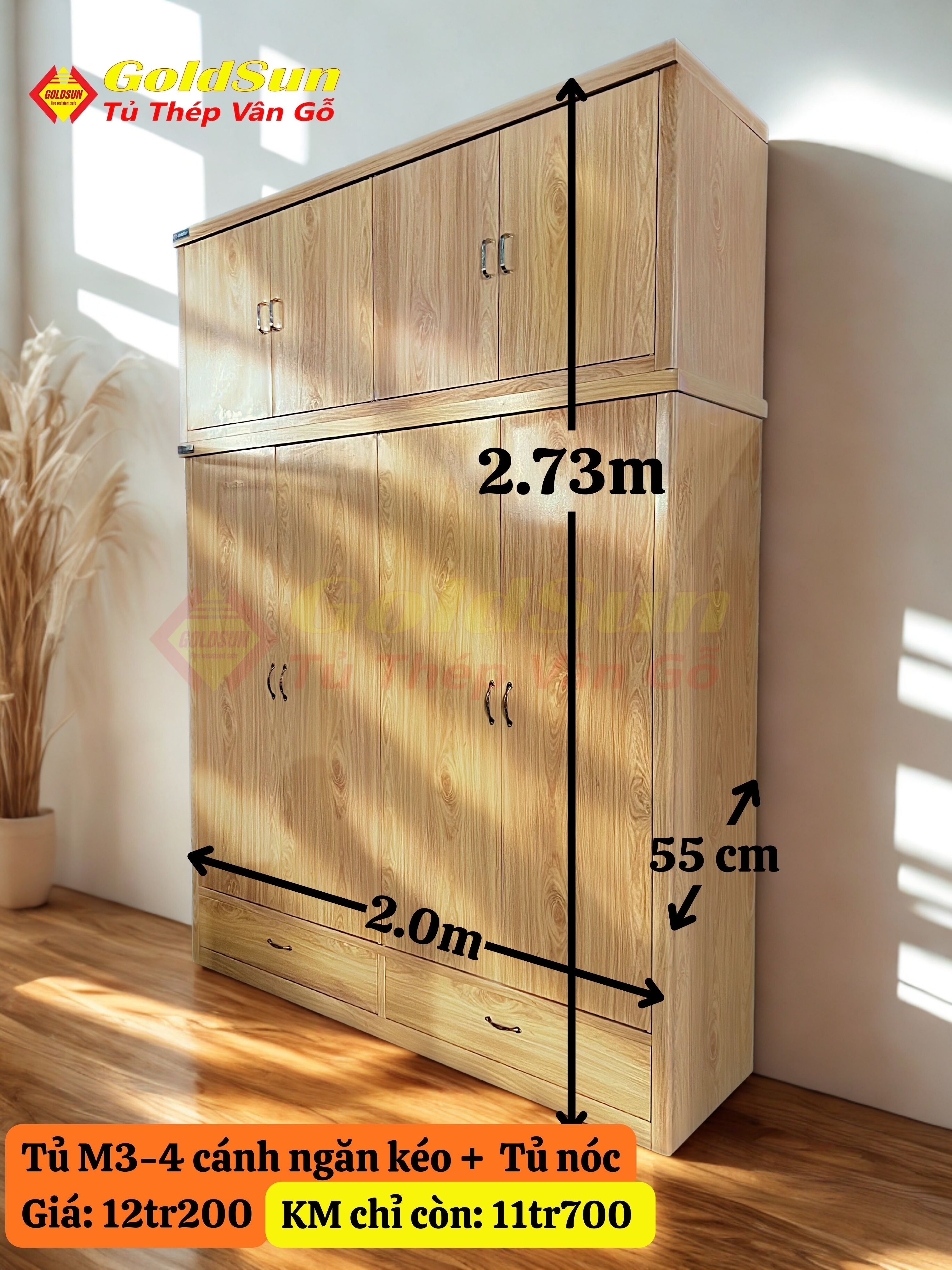 Tủ M3-4 Cánh 2 Ngăn Kéo + Tủ Nóc