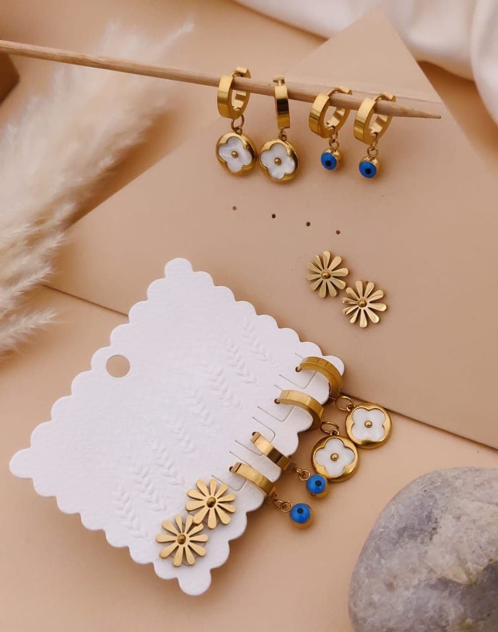 Gold Plated Flower & Charm Earrings Set