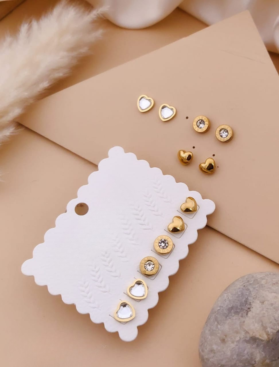 Gold Tone Heart & Crystal Stud Earrings Set