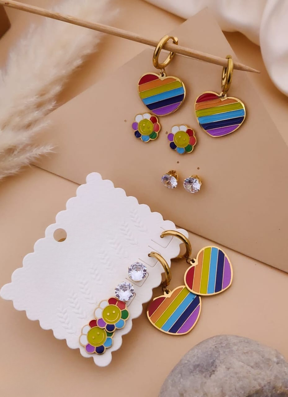 Rainbow Heart & Flower Earring Set