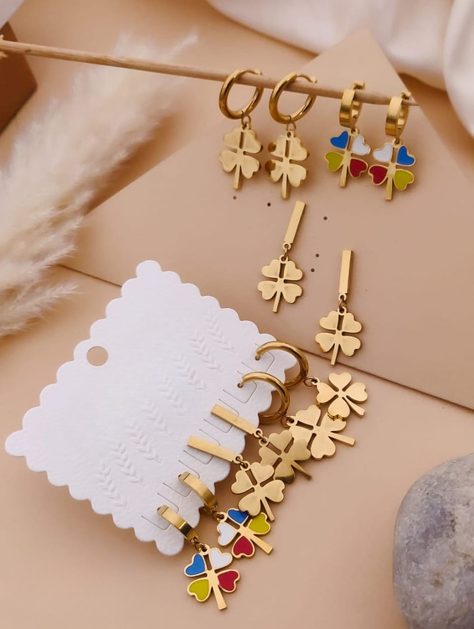 Gold Clover Charm Earrings Set