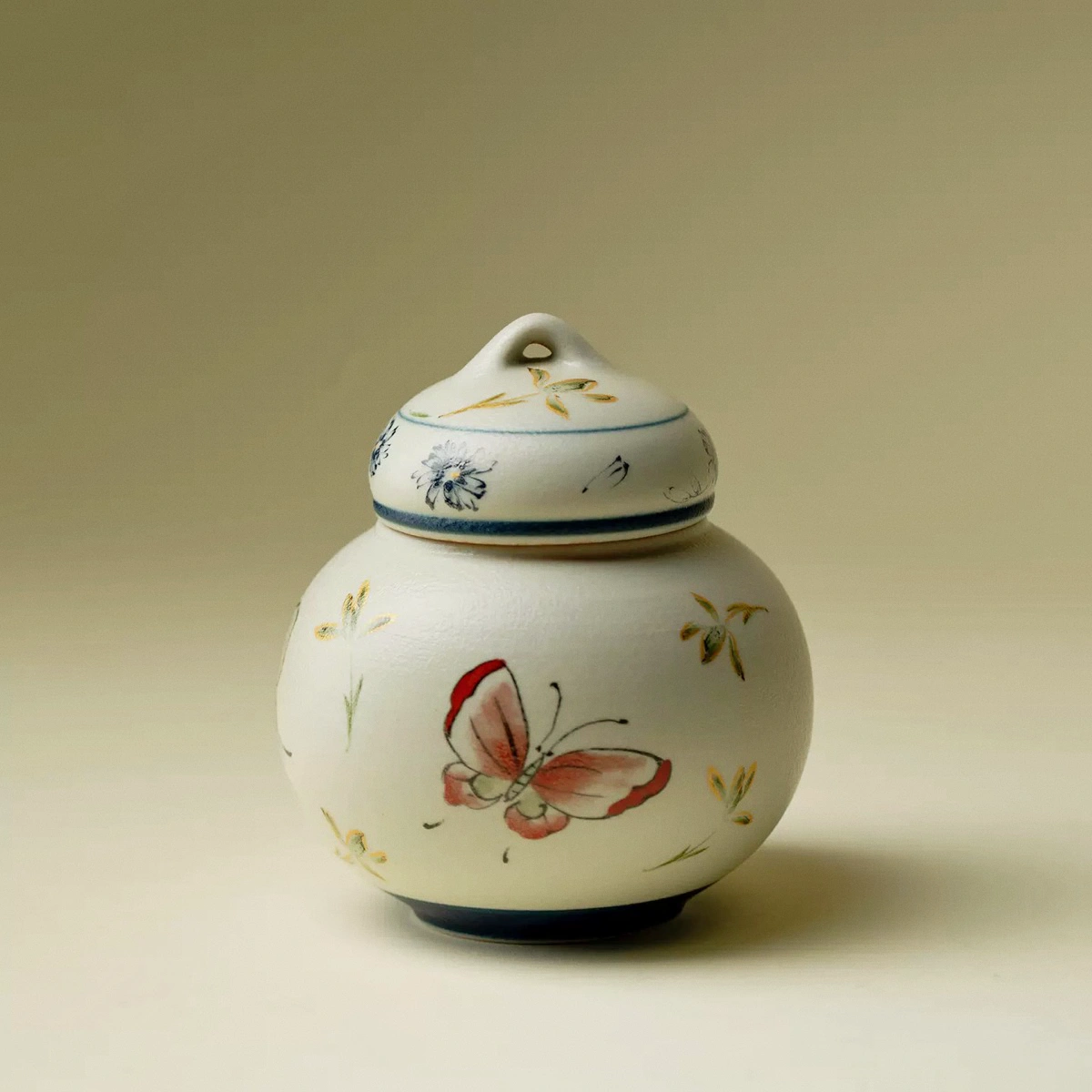 Hand-Painted Butterfly & Blue-White Ceramic Ginger Jar