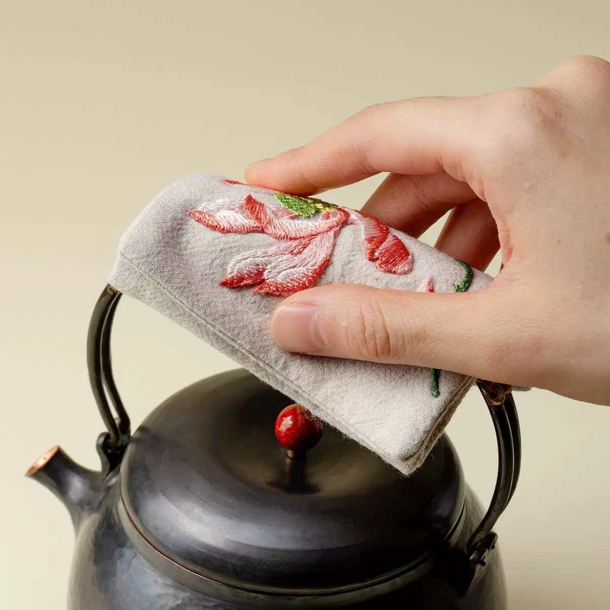 Lotus on a Mist Embroidered Cotton-Linen Tea Towel