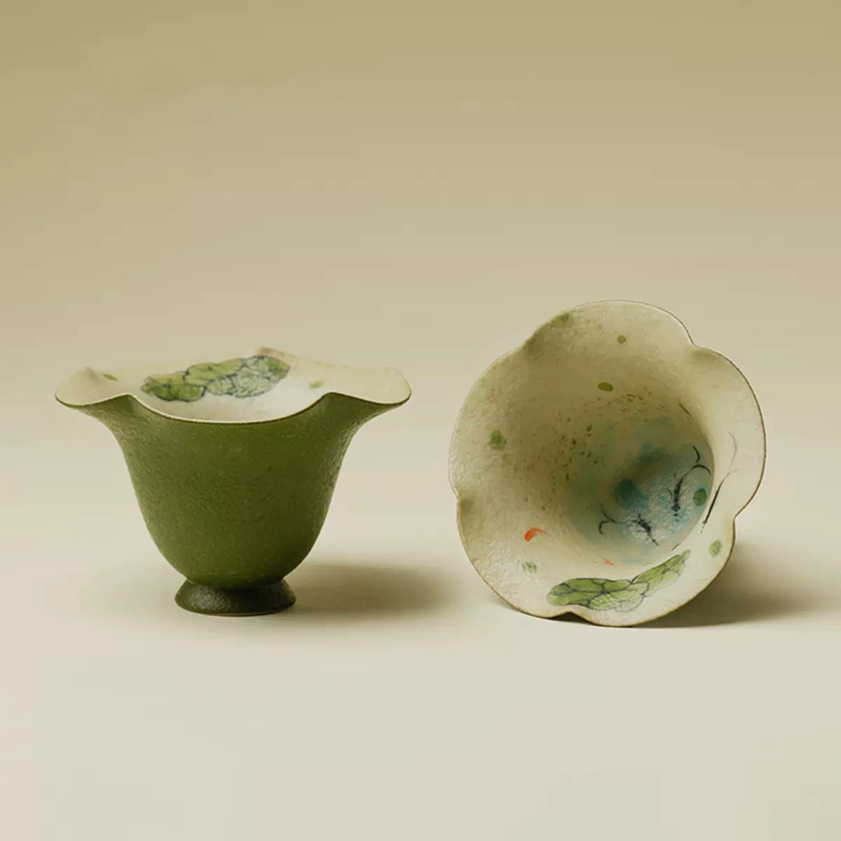 Hand-Painted Lotus & Koi Scalloped Ceramic Cup