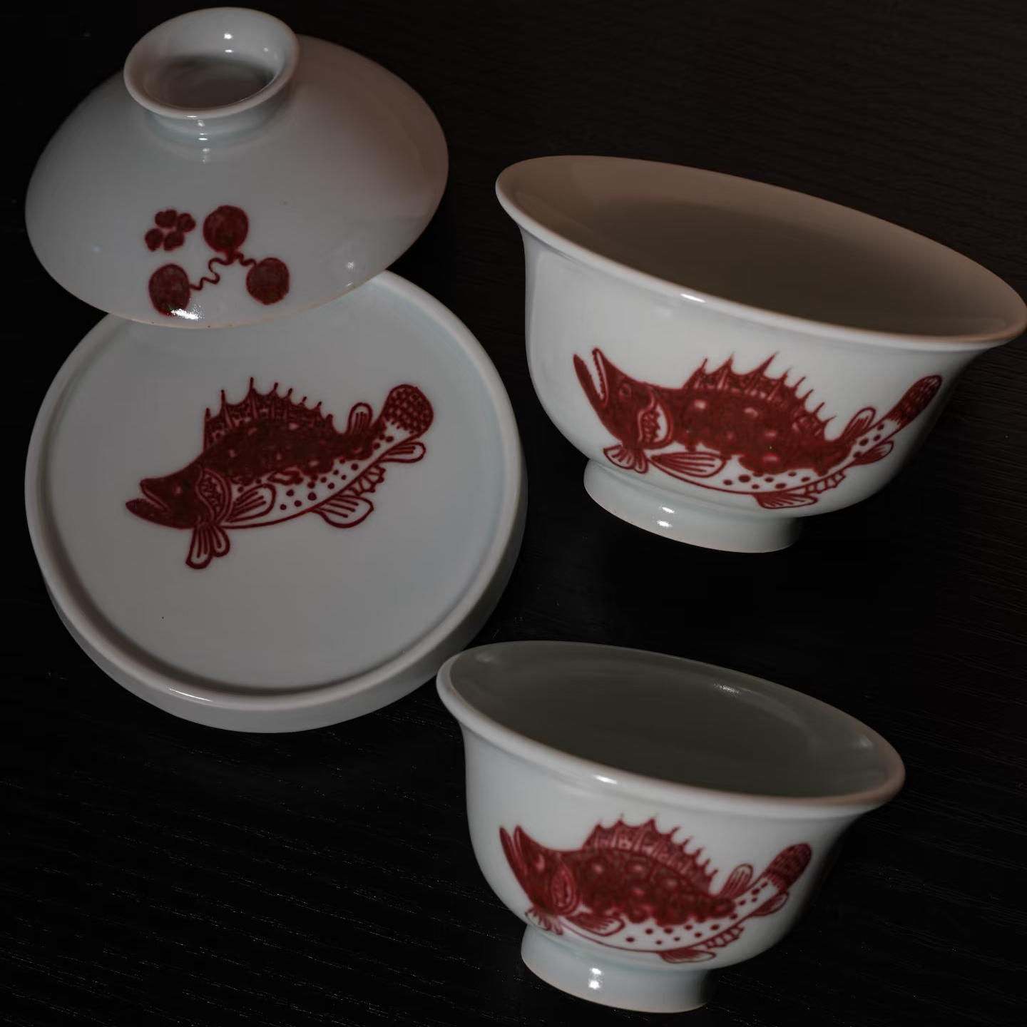 Artisanal Red Mandarin Fish Porcelain Gaiwan