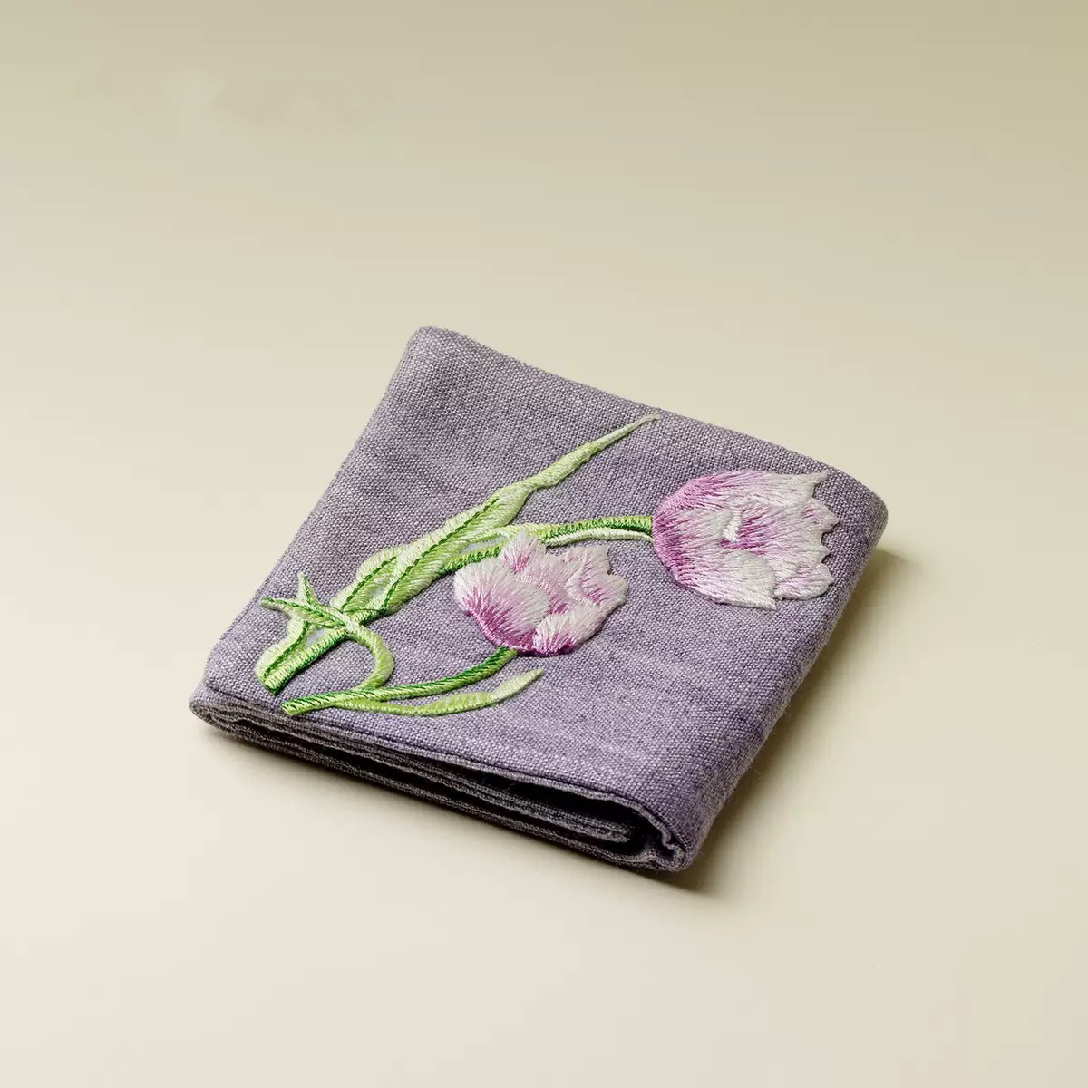 Morning Mist Embroidered Tulip Cotton-Linen Tea Towel