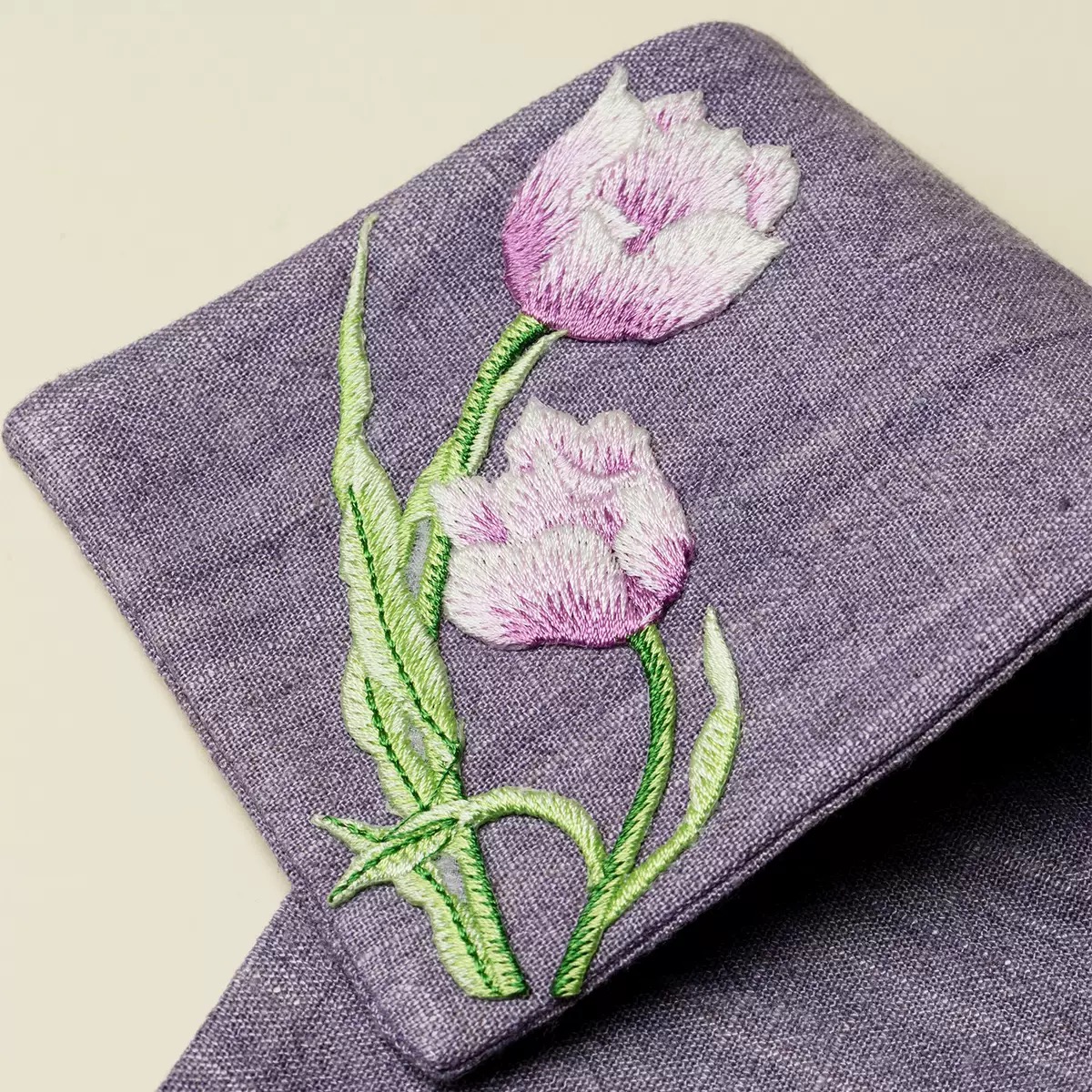 Morning Mist Embroidered Tulip Cotton-Linen Tea Towel