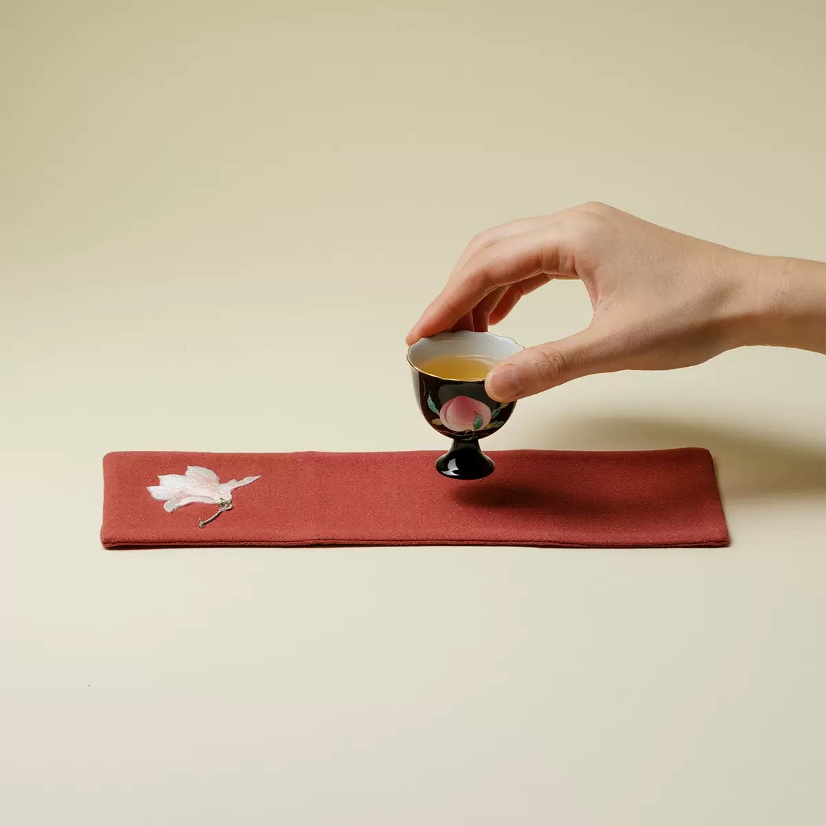 Magnolia in Crimson Embroidered Cotton-Linen Tea Towel