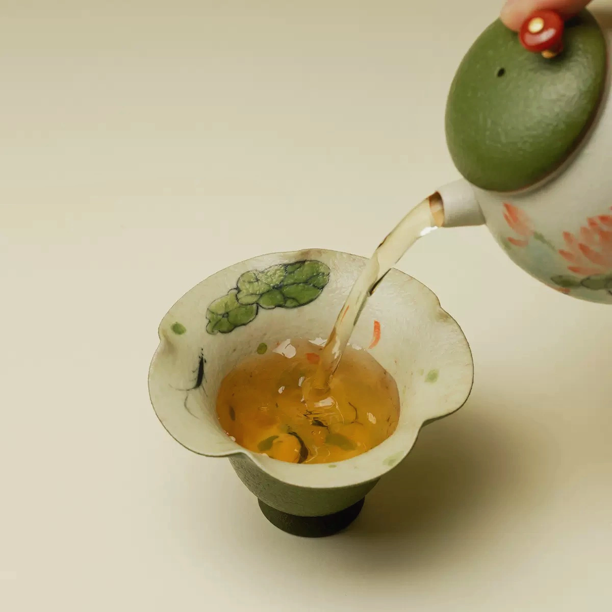 Hand-Painted Lotus & Koi Scalloped Ceramic Cup