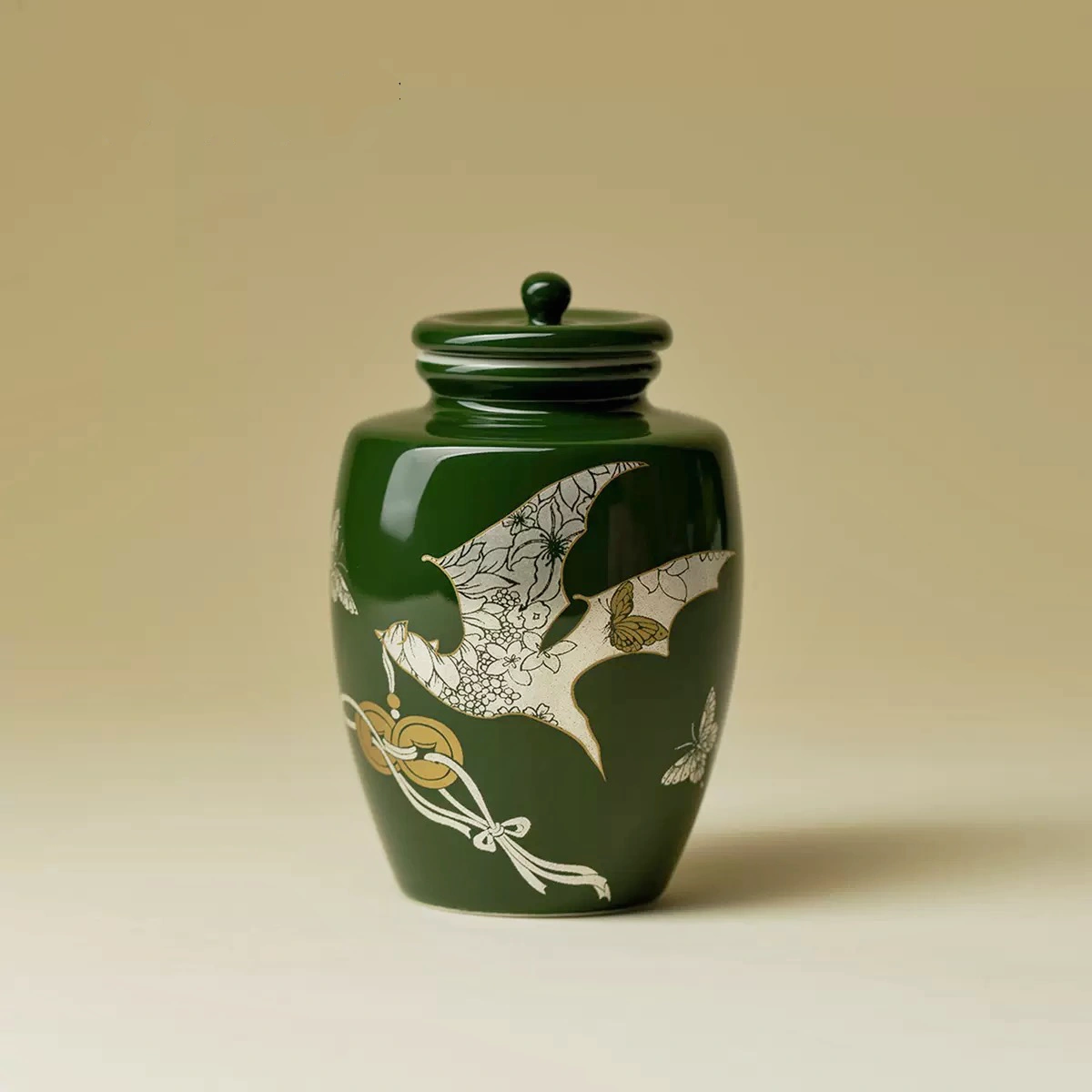 Emerald Moss & Silver-Lustre Ginger Jar: Bat & Butterfly Motif