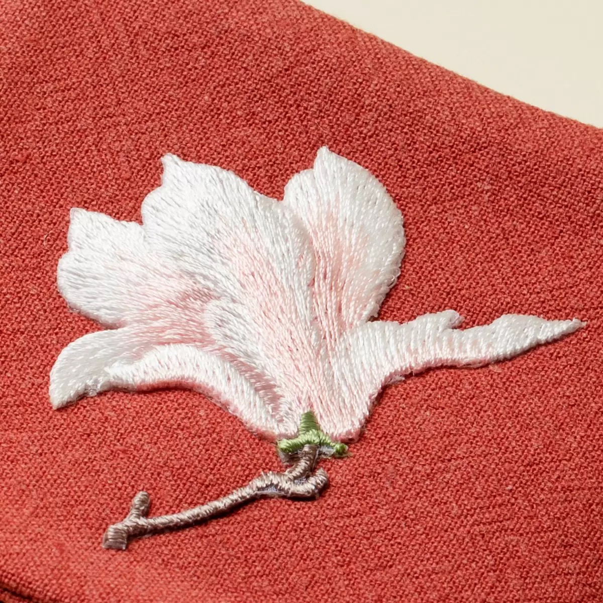 Magnolia in Crimson Embroidered Cotton-Linen Tea Towel