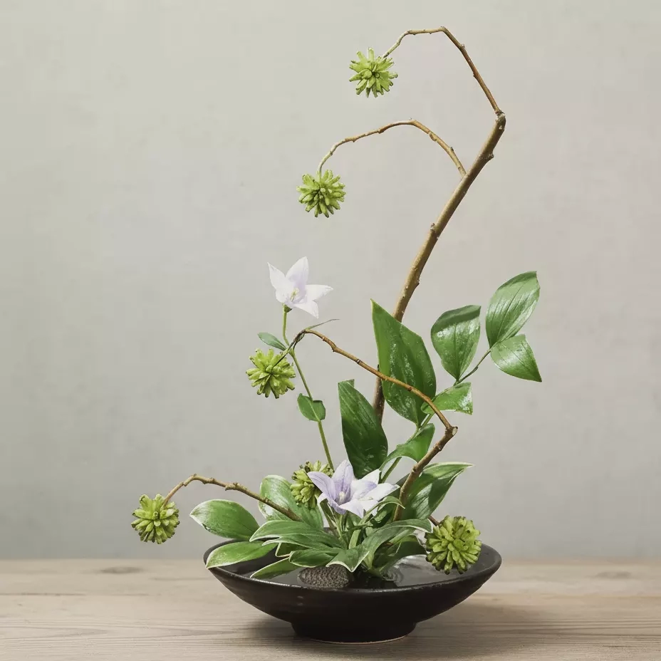 Black Ceramic Flower Vase and Brass Kenzan