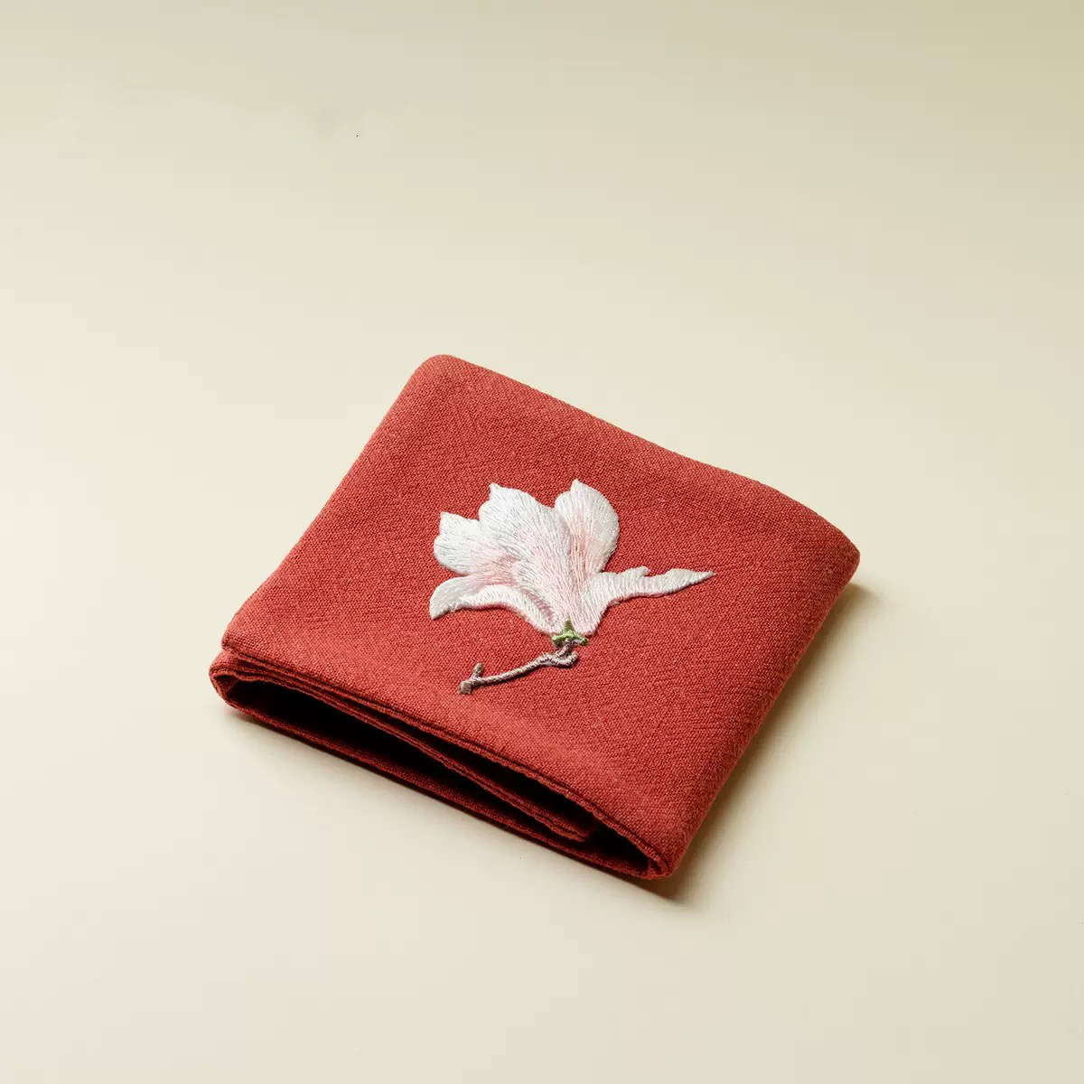 Magnolia in Crimson Embroidered Cotton-Linen Tea Towel