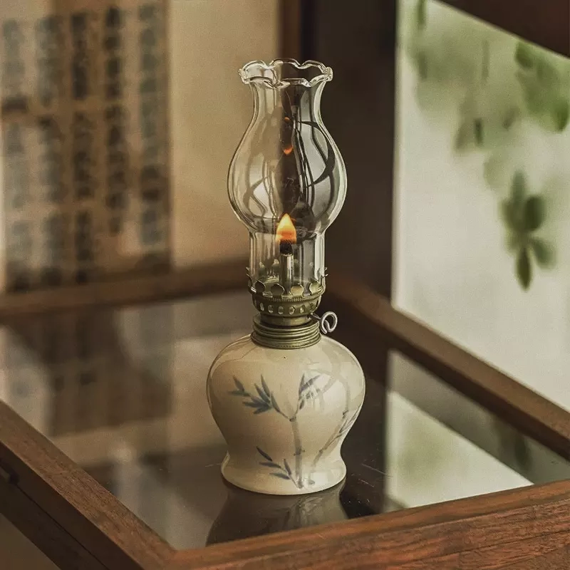 Hand-Painted Bamboo Leaf Ceramic Oil Lamp