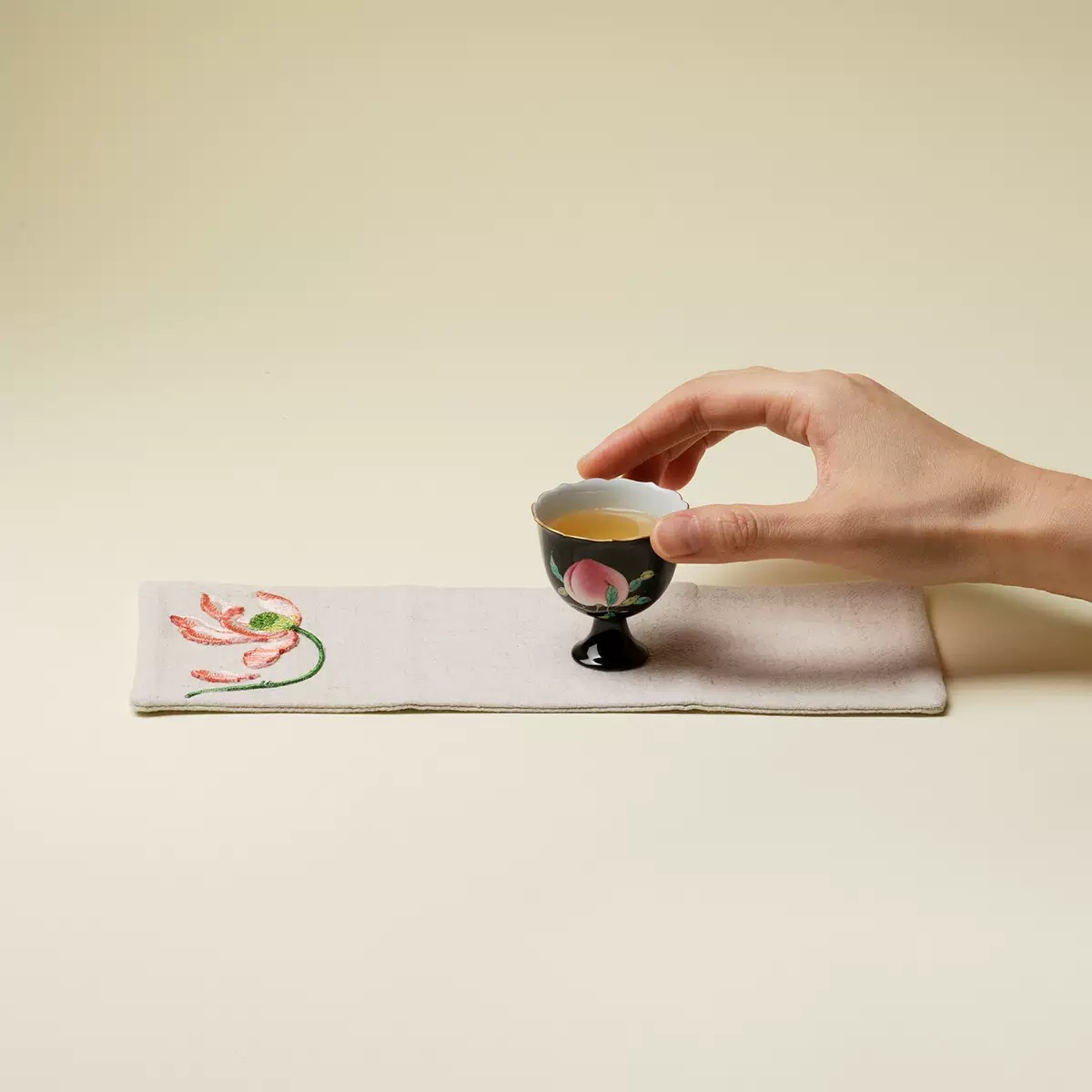 Lotus on a Mist Embroidered Cotton-Linen Tea Towel