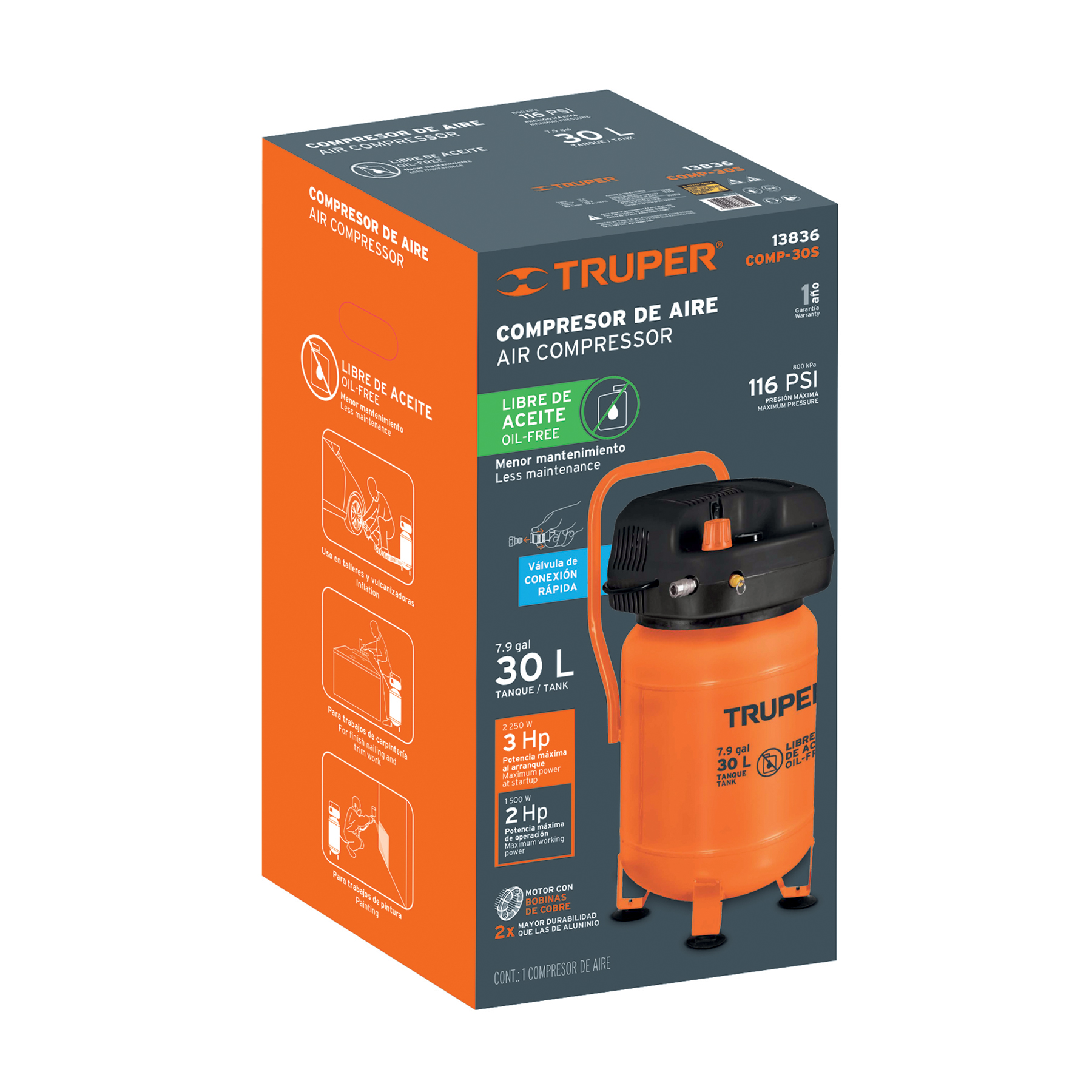 Compresor de Aire Truper 30L libre de aceite 13836