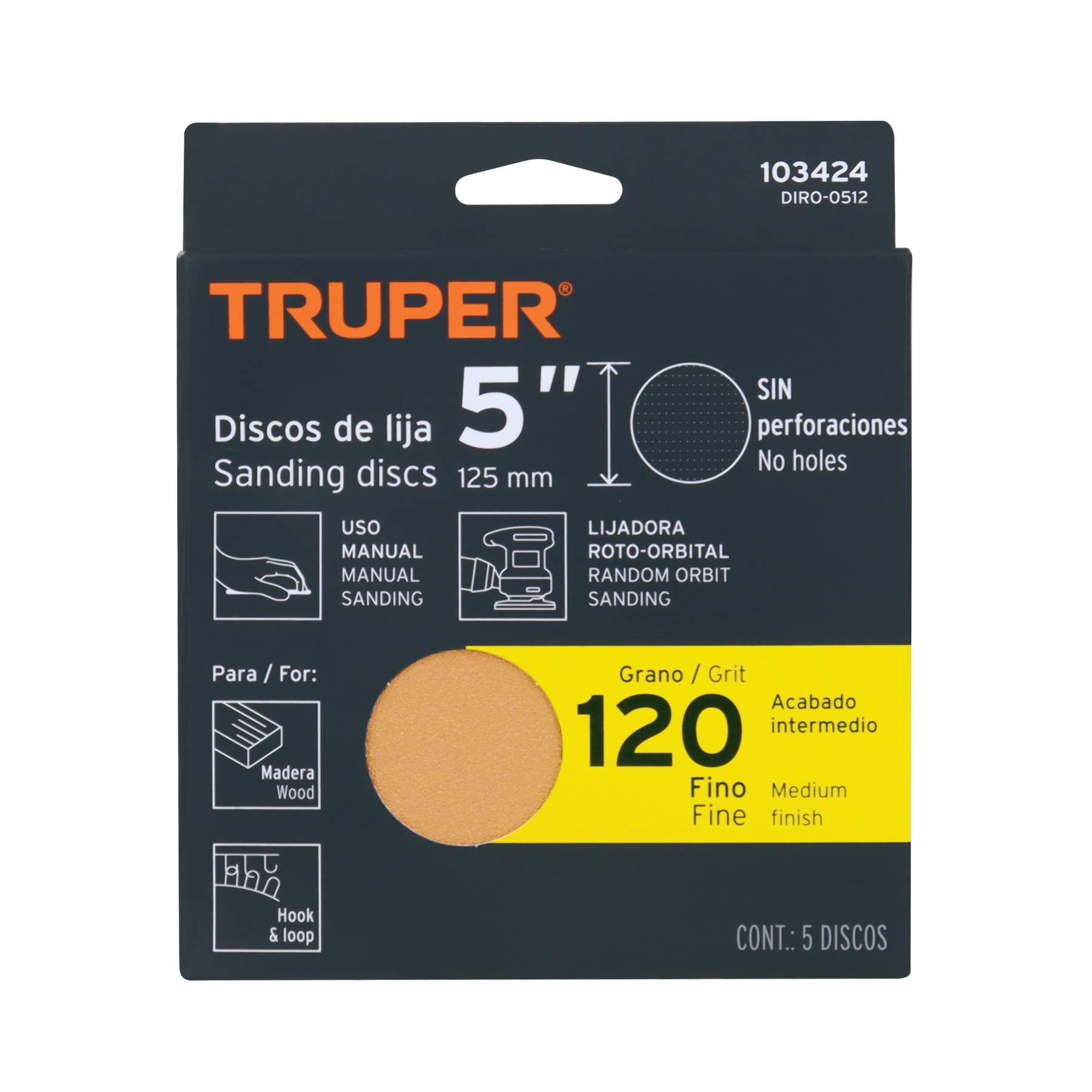 Discos de lija 5" 120 grano Truper  103424
