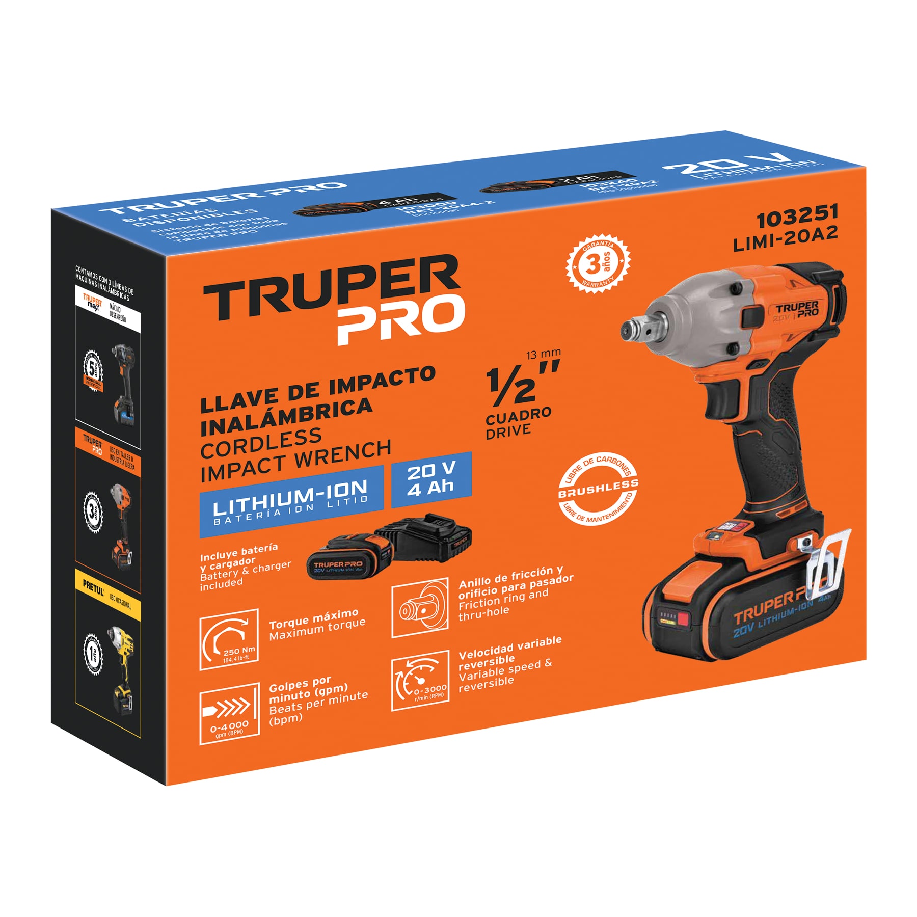 Llave de Impacto Inalámbrica Truper Pro 1/2'' 20V  103251