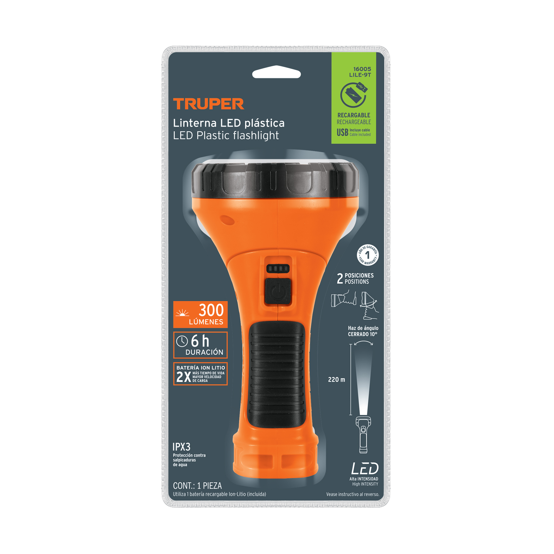 Linterna LED plástica recargable Truper 16005