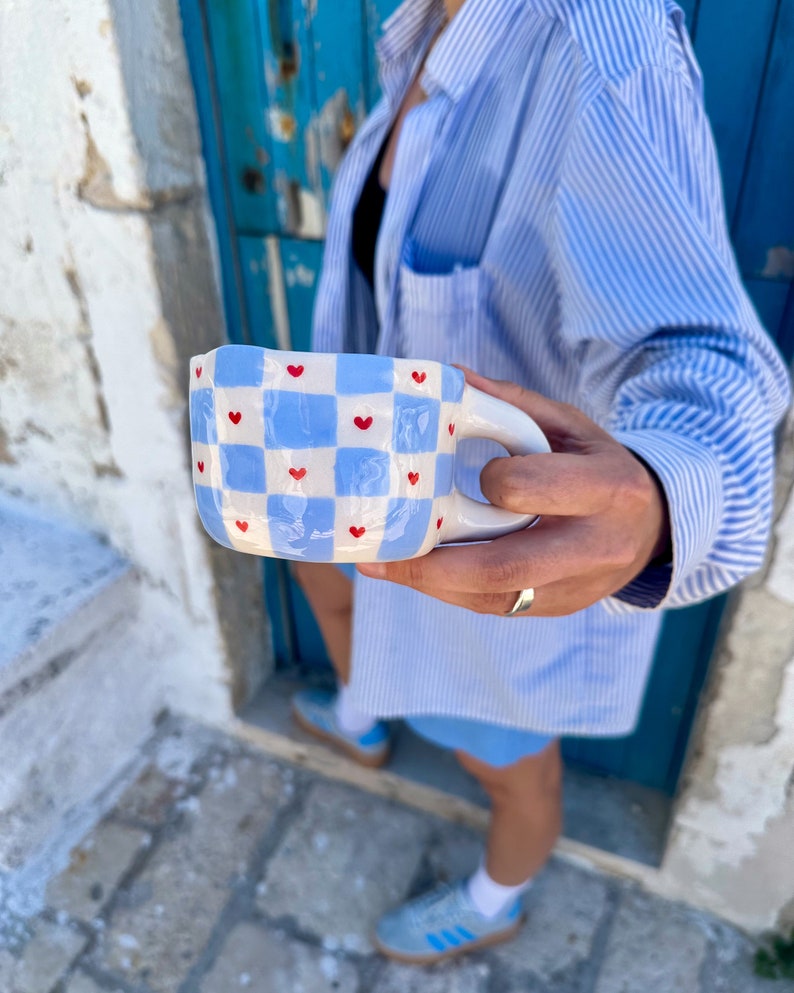 Handmade Ceramic Mug Š Baby Blue Checkered Pottery Cup with Hearts