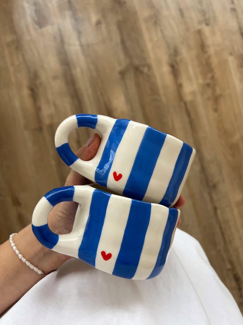 Hand-Painted Ceramic Coffee Mug: White with Blue Stripes & Red Heart