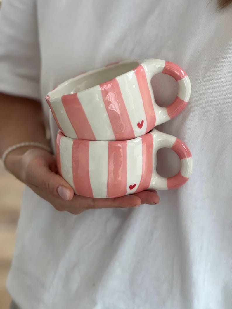 Hand-Painted Ceramic Coffee Mug: Pink Stripes & Red Heart, Handmade Pottery
