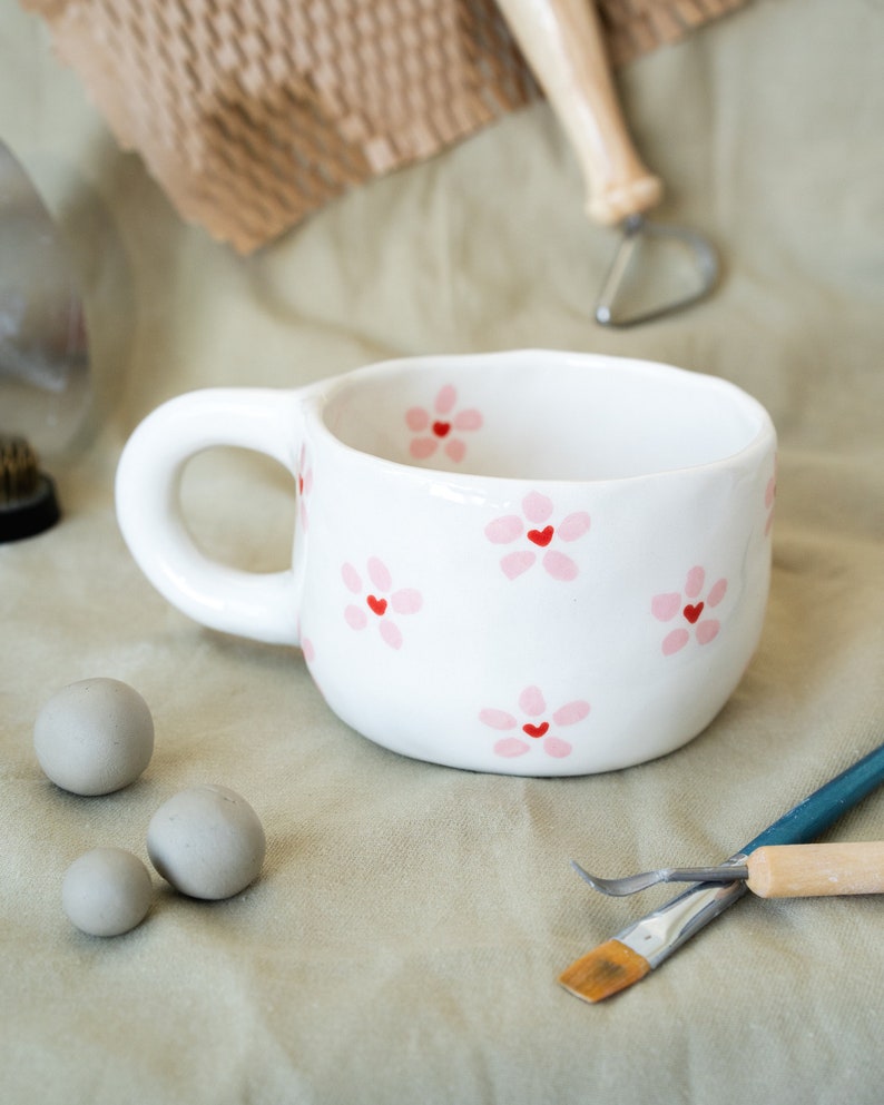 Handmade Ceramic Mug Š Flower Blossom Design, Cute Aesthetic Cup