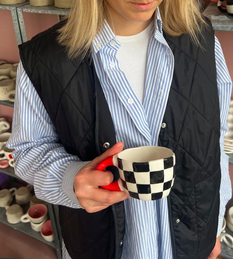 Chequered Ceramic Coffee Mug: Handmade Black and White Pottery Cup