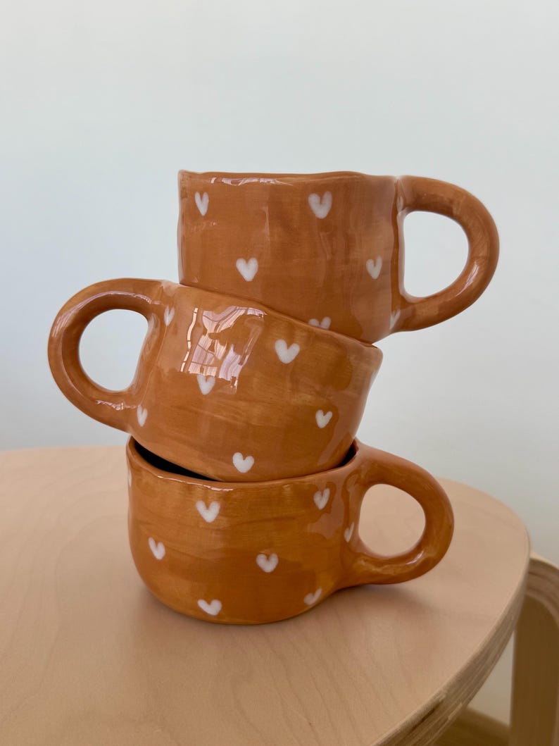 Handmade Ceramic Coffee Mug: Brown Cacao Mug with White Hearts