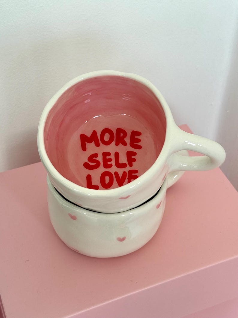 Handmade Ceramic Mug: Pink Hearts, More Self Love Pottery Cup