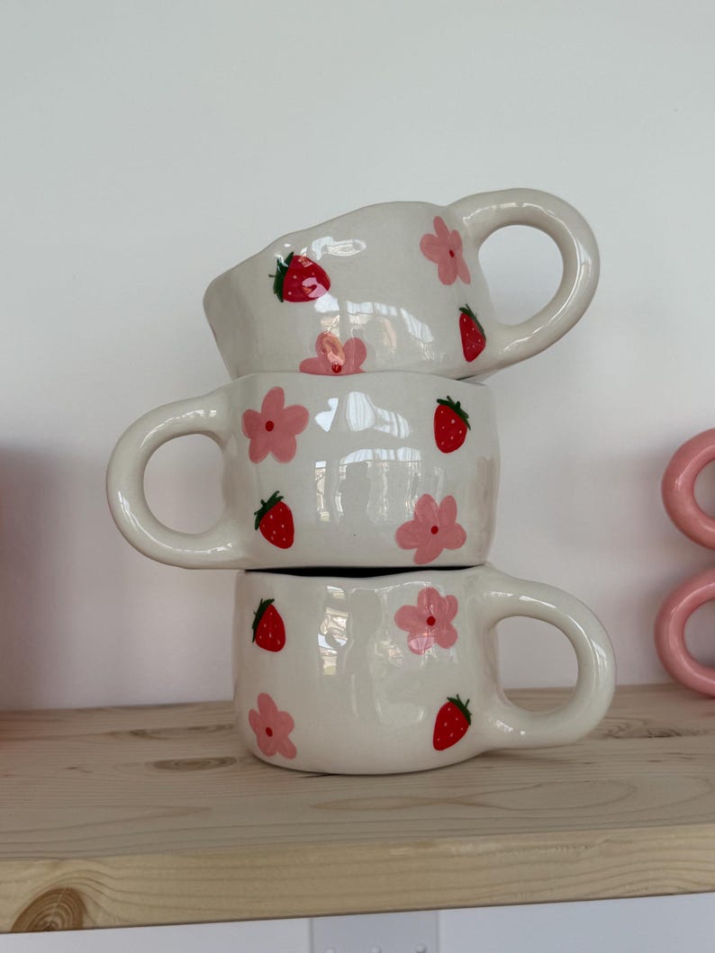 Strawberry and Flower Decorated Ceramic Cup - Summertime Lover's Mug - Cute White Aesthetic Flower Design Mug