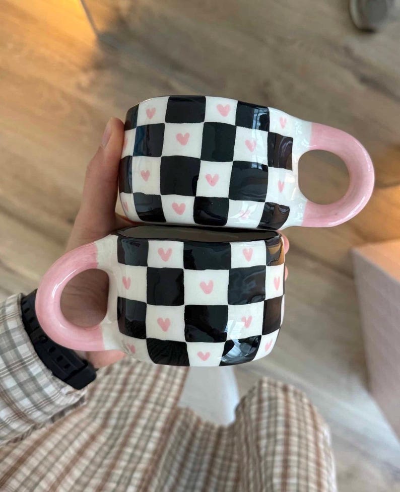 Chequered Ceramic Coffee Mug: Handmade Black and White Pottery Cup