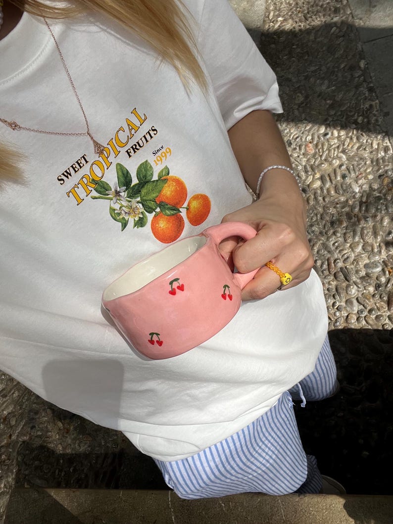 Handmade Baby Pink Ceramic Mug: Cherry Heart Pottery Cup