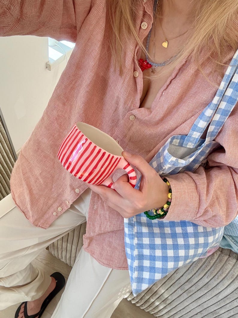 Handmade Baby Pink Ceramic Mug Š Red Striped Pottery Cup