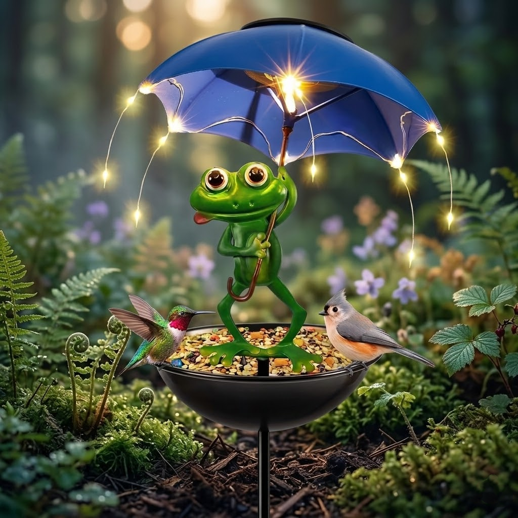 LXY Garden Solar Frog Bird Feeder with Umbrella - Metal Decorative Wild Bird Feeders for Outside Garden Decor - Wholesale Supplier
