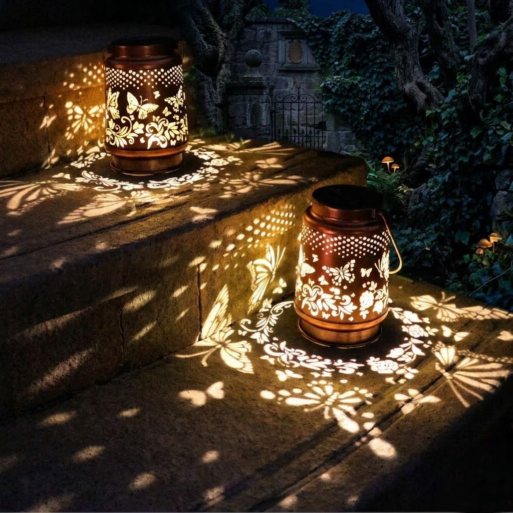 Wholesale Metal Solar Garden Lantern - Intricate Floral & Butterfly Shadow Light