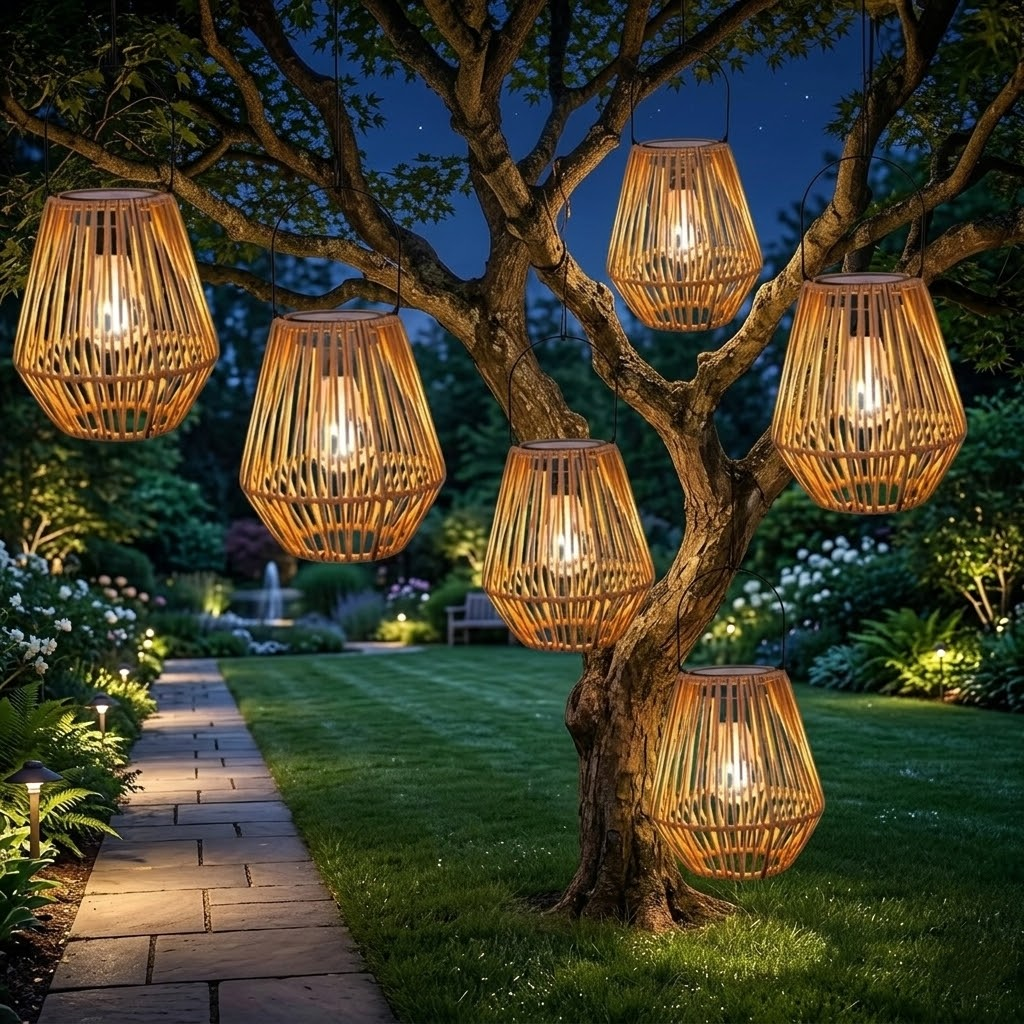 Solar Rattan Lantern Outdoor Hanging Cone Wicker Light with Tungsten LED Bulb, IP65 Waterproof Decorative Garden Lamp for Patio & Landscape
