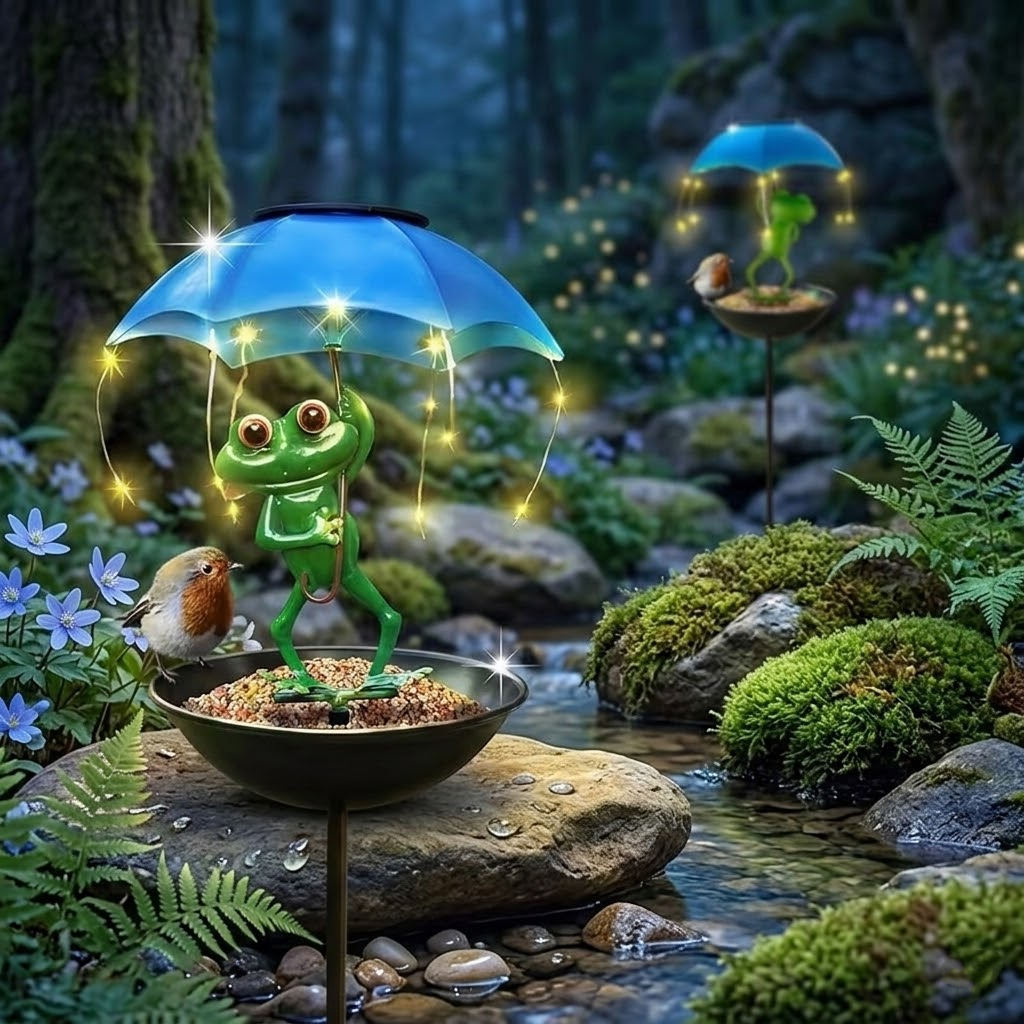 LXY Garden Solar Frog Bird Feeder with Umbrella - Metal Decorative Wild Bird Feeders for Outside Garden Decor - Wholesale Supplier